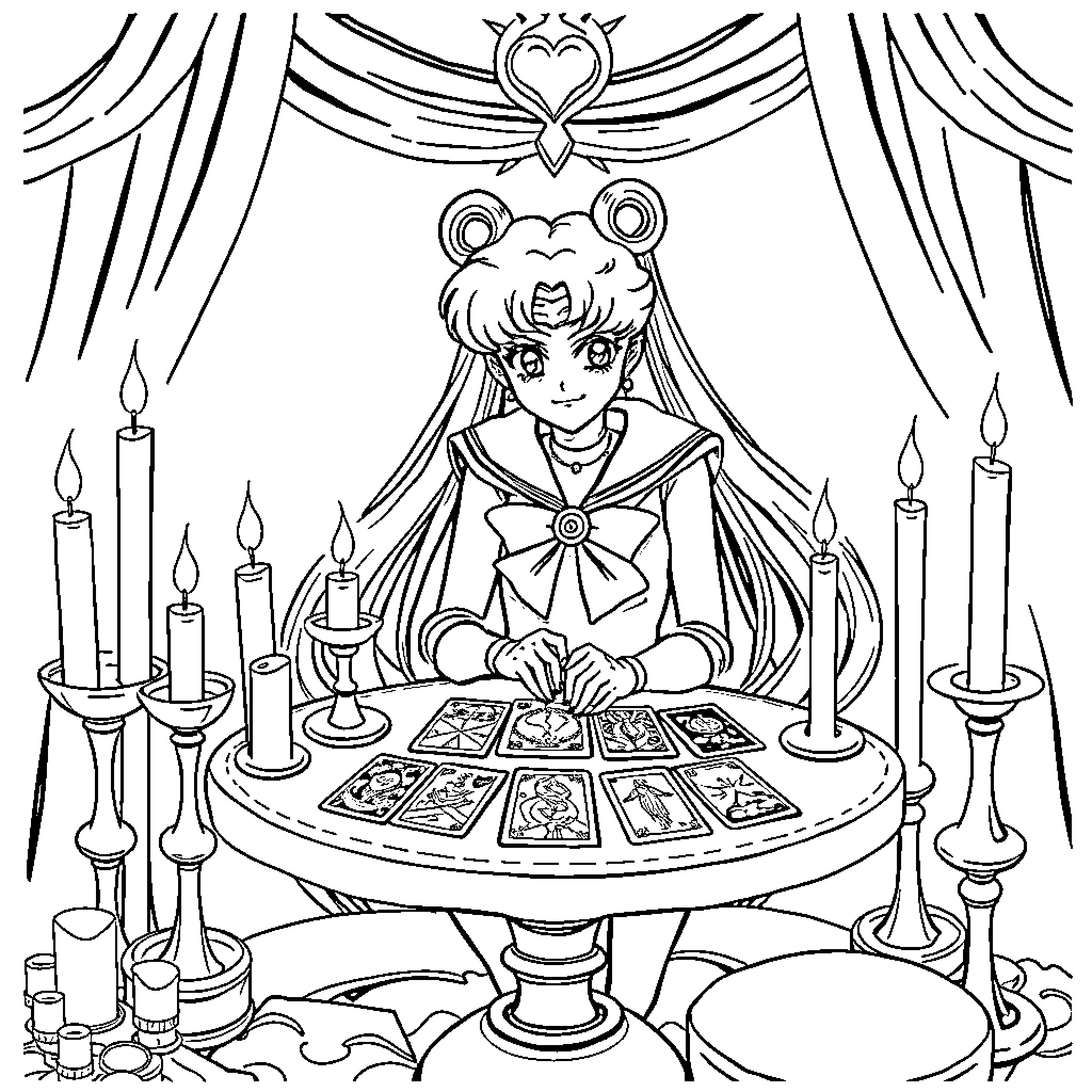 Sailor Moon reading tarot cards in mystic setting Coloring Page (free black-and-white line drawing printable PDF for all, from beginners to advanced learners, including children, teens, adults, and seniors)