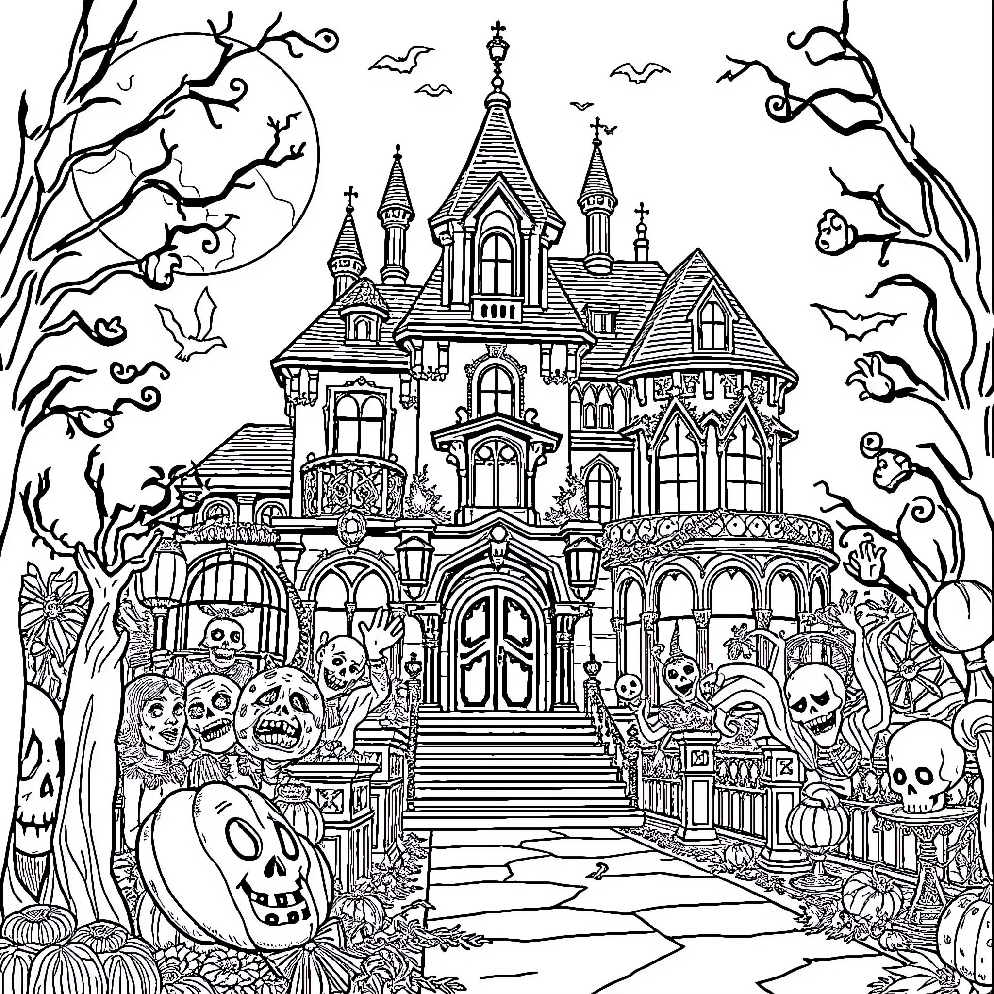 Disney Haunted Mansion with Spooky Decor and Ghostly Figures Coloring Page (free black-and-white line drawing printable PDF for all, from beginners to advanced learners, including children, teens, adults, and seniors)