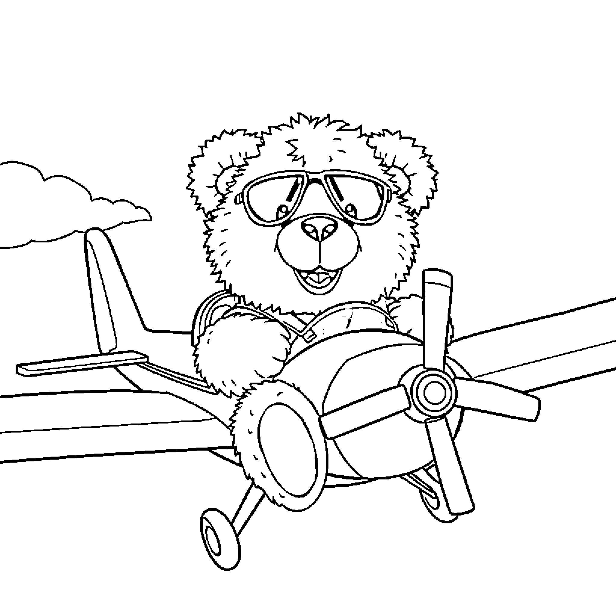 Teddy Bear Pilot Flying Toy Airplane Coloring Page (free black-and-white line drawing printable PDF for all, from beginners to advanced learners, including children, teens, adults, and seniors)