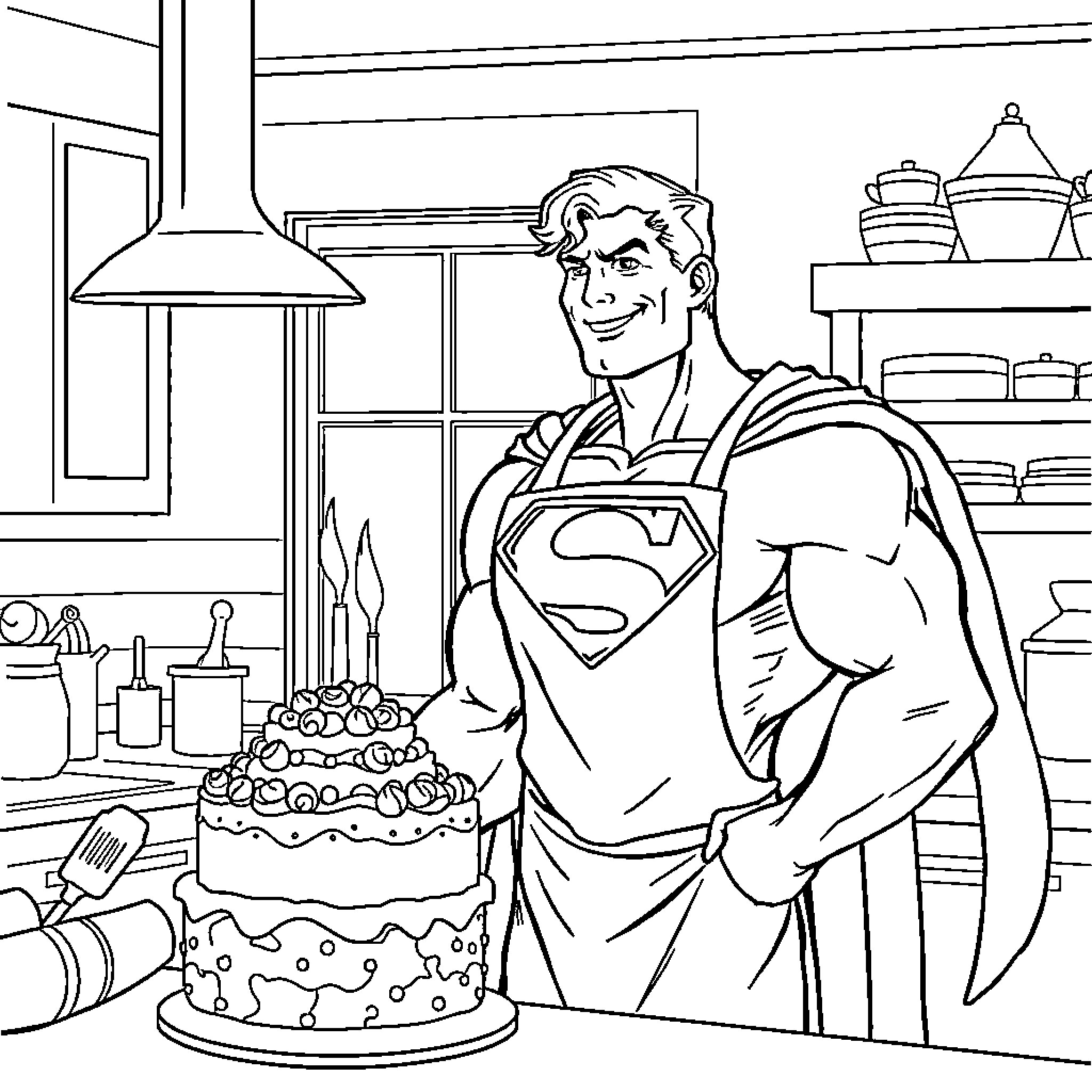 Superman baking a colorful cake in the kitchen Coloring Page (free black-and-white line drawing printable PDF for all, from beginners to advanced learners, including children, teens, adults, and seniors)