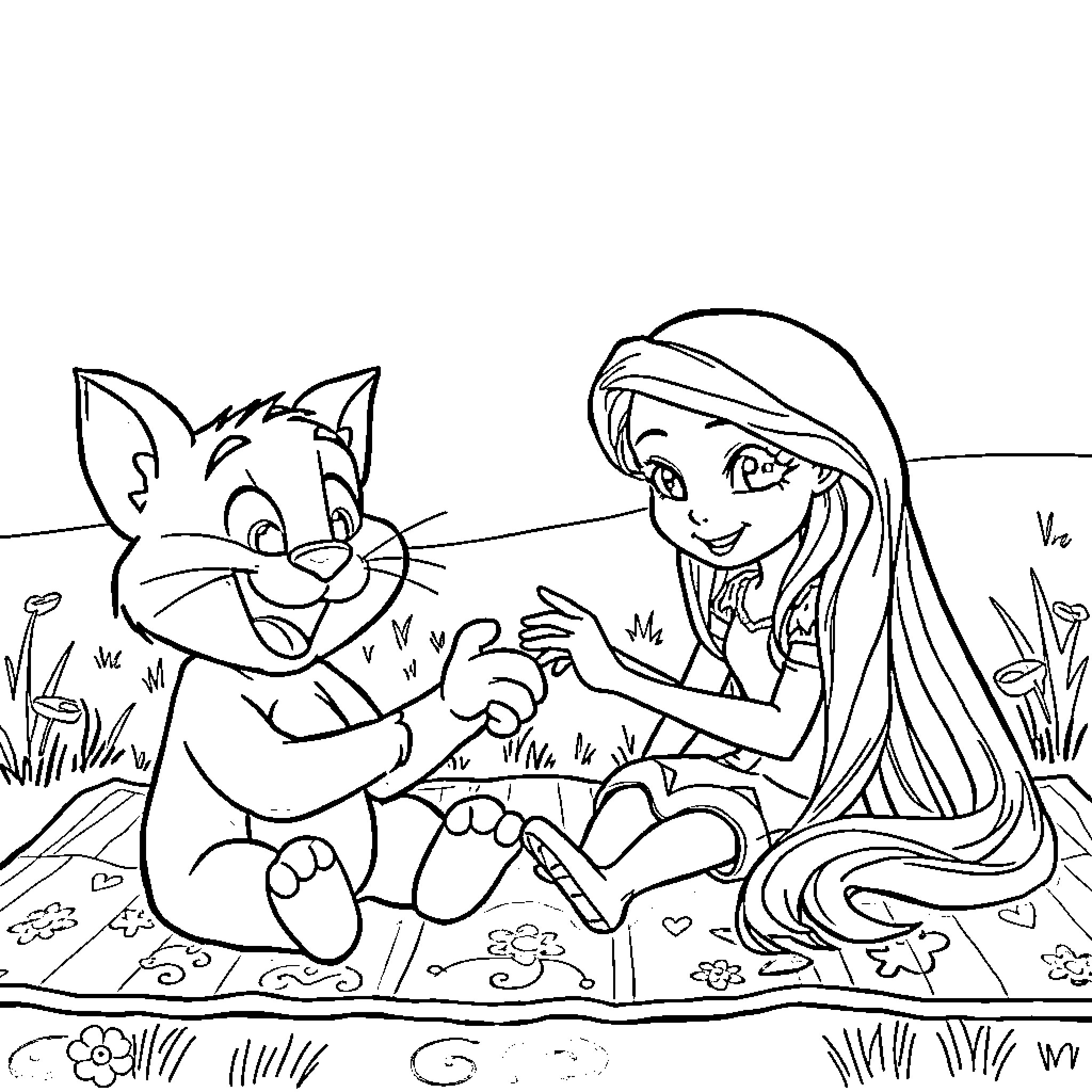 Talking Tom playing with a girl in nature Coloring Page (free black-and-white line drawing printable PDF for all, from beginners to advanced learners, including children, teens, adults, and seniors)