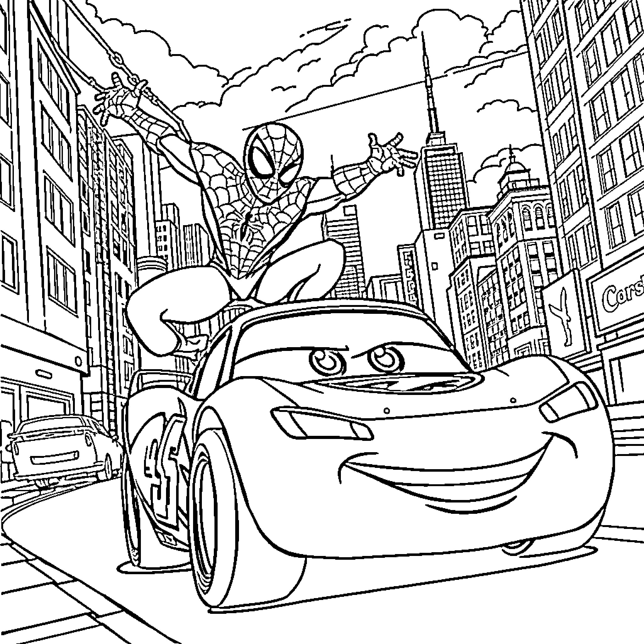Spiderman swings through the city with a friendly car Coloring Page (free black-and-white line drawing printable PDF for all, from beginners to advanced learners, including children, teens, adults, and seniors)