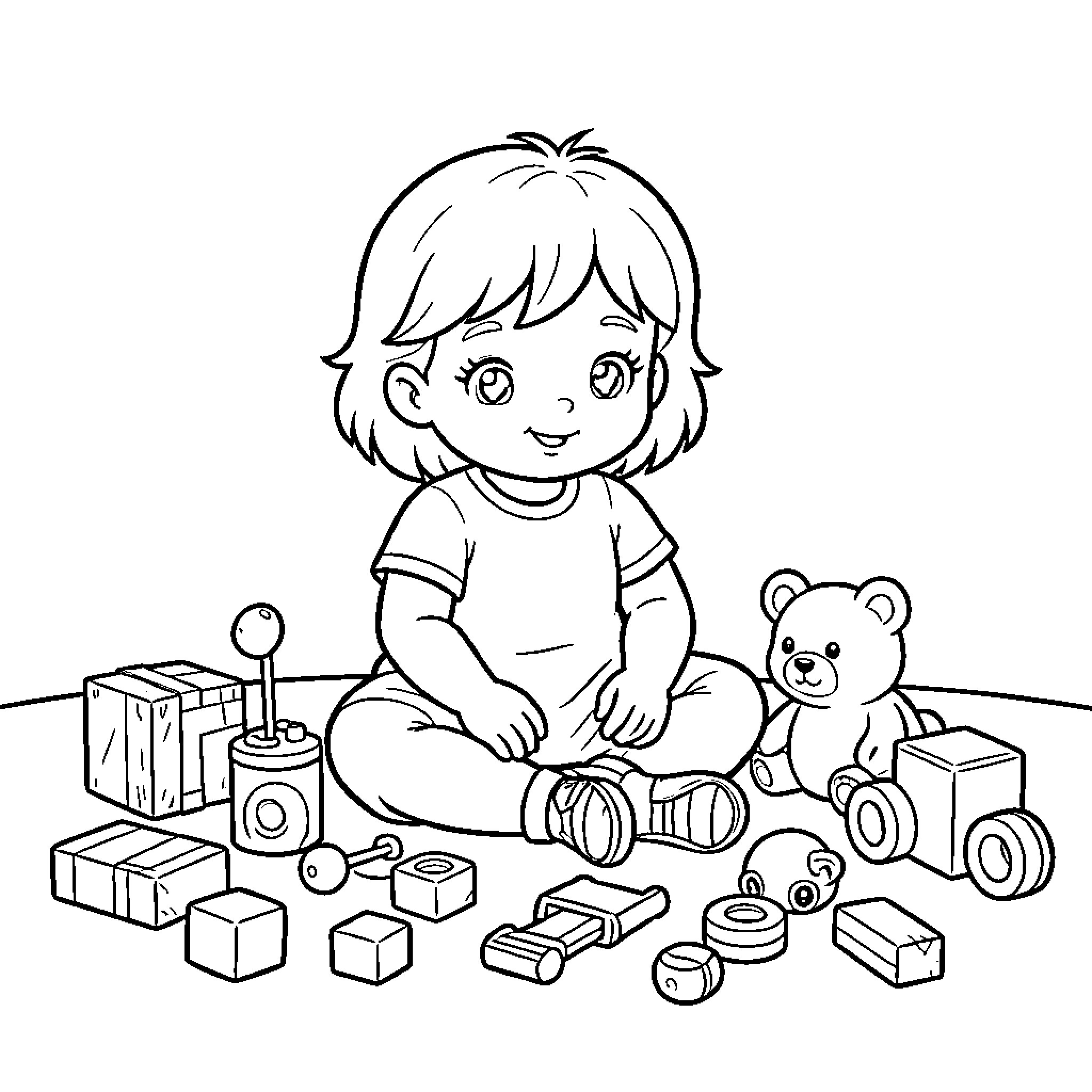 Doll sitting happily surrounded by various toys Coloring Page (free black-and-white line drawing printable PDF for all, from beginners to advanced learners, including children, teens, adults, and seniors)