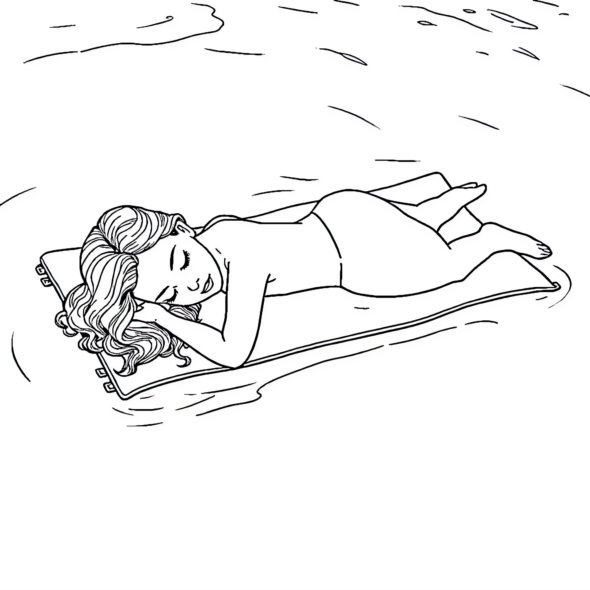 Young Lady Resting Peacefully on Hammock Coloring Page (free black-and-white line drawing printable PDF for all, from beginners to advanced learners, including children, teens, adults, and seniors)