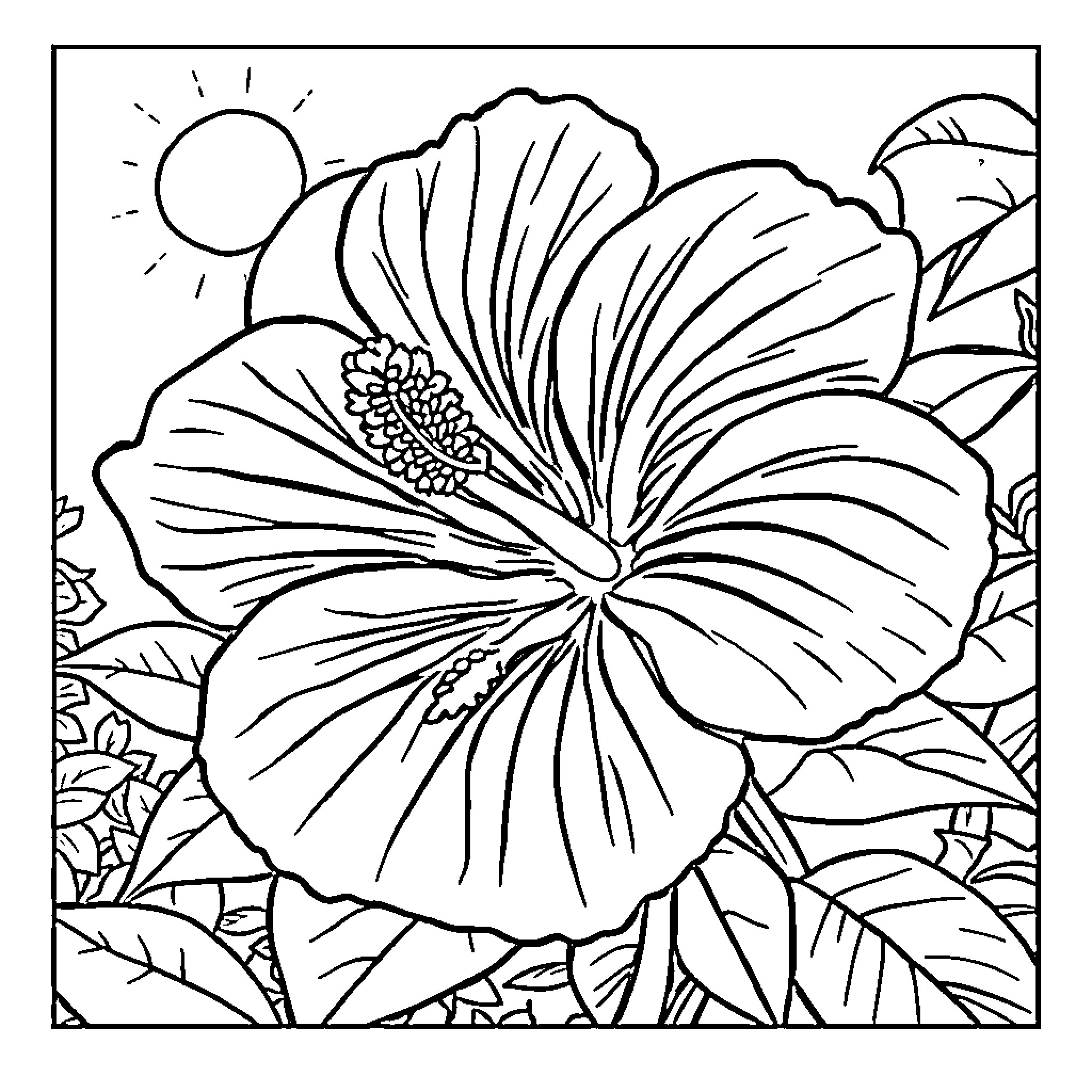 Hibiscus flower in tropical landscape Coloring Page (free black-and-white line drawing printable PDF for all, from beginners to advanced learners, including children, teens, adults, and seniors)