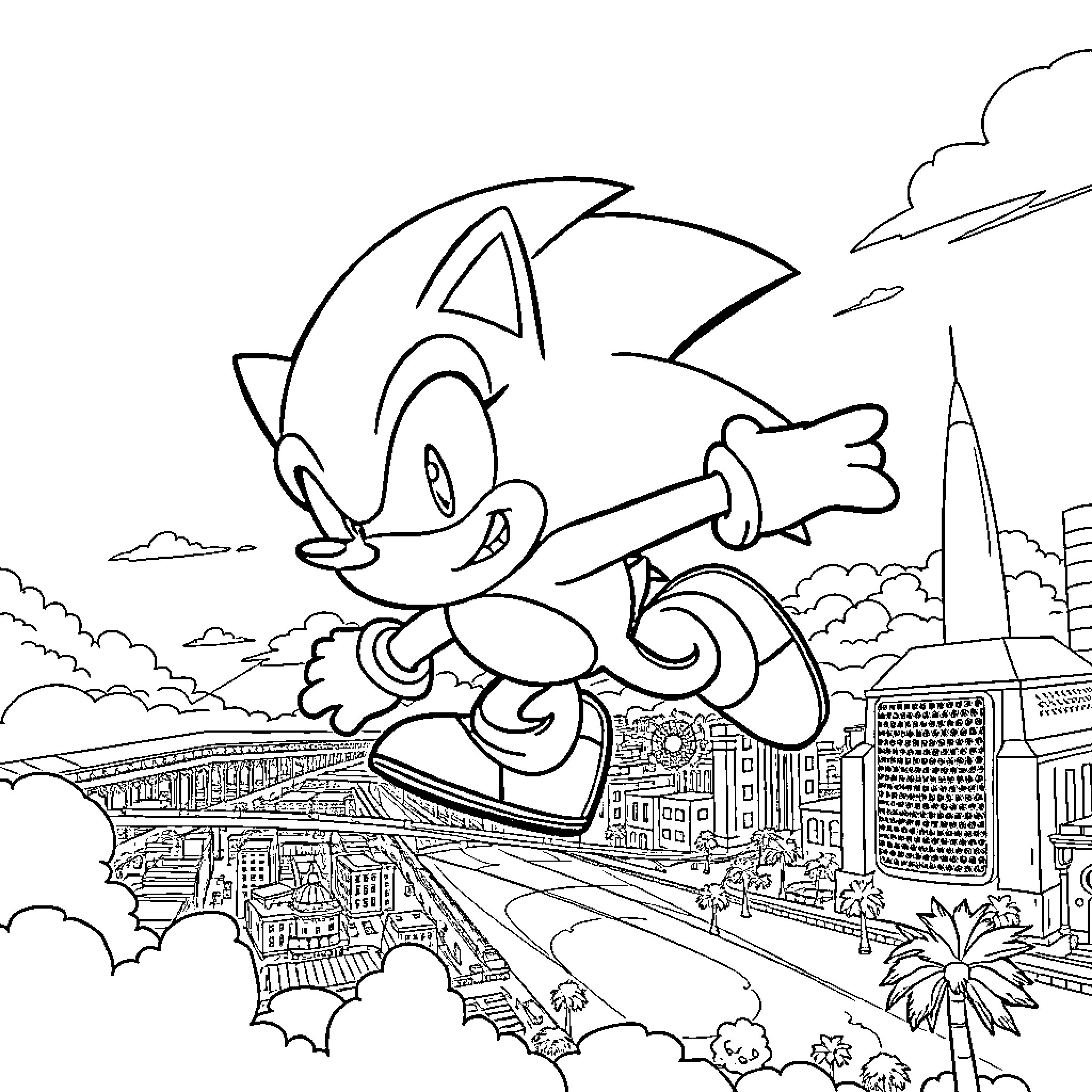 Sonic Soaring Through the City Skyline Coloring Page (free black-and-white line drawing printable PDF for all, from beginners to advanced learners, including children, teens, adults, and seniors)