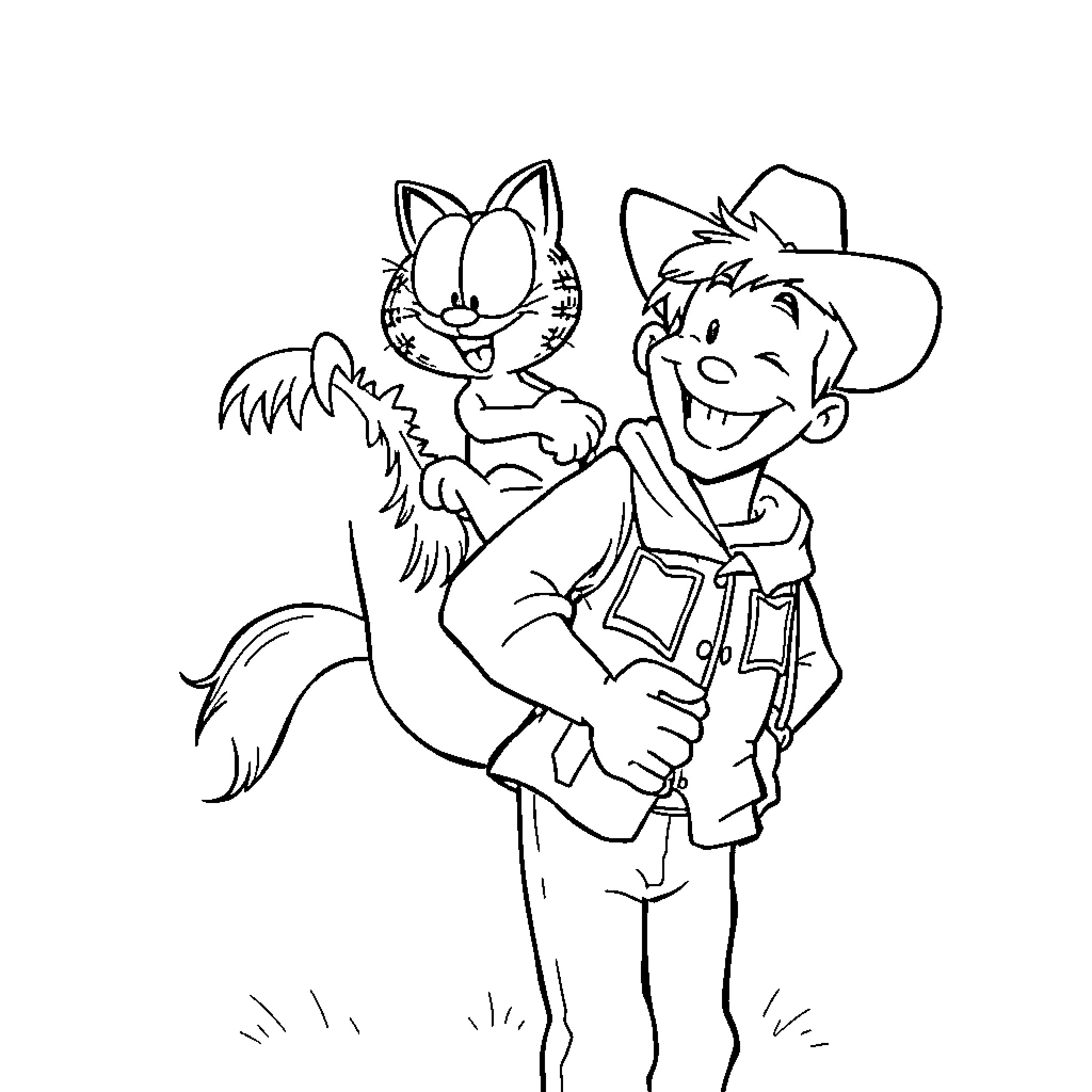 Garfield and the cowboy exploring the outdoors Coloring Page (free black-and-white line drawing printable PDF for all, from beginners to advanced learners, including children, teens, adults, and seniors)