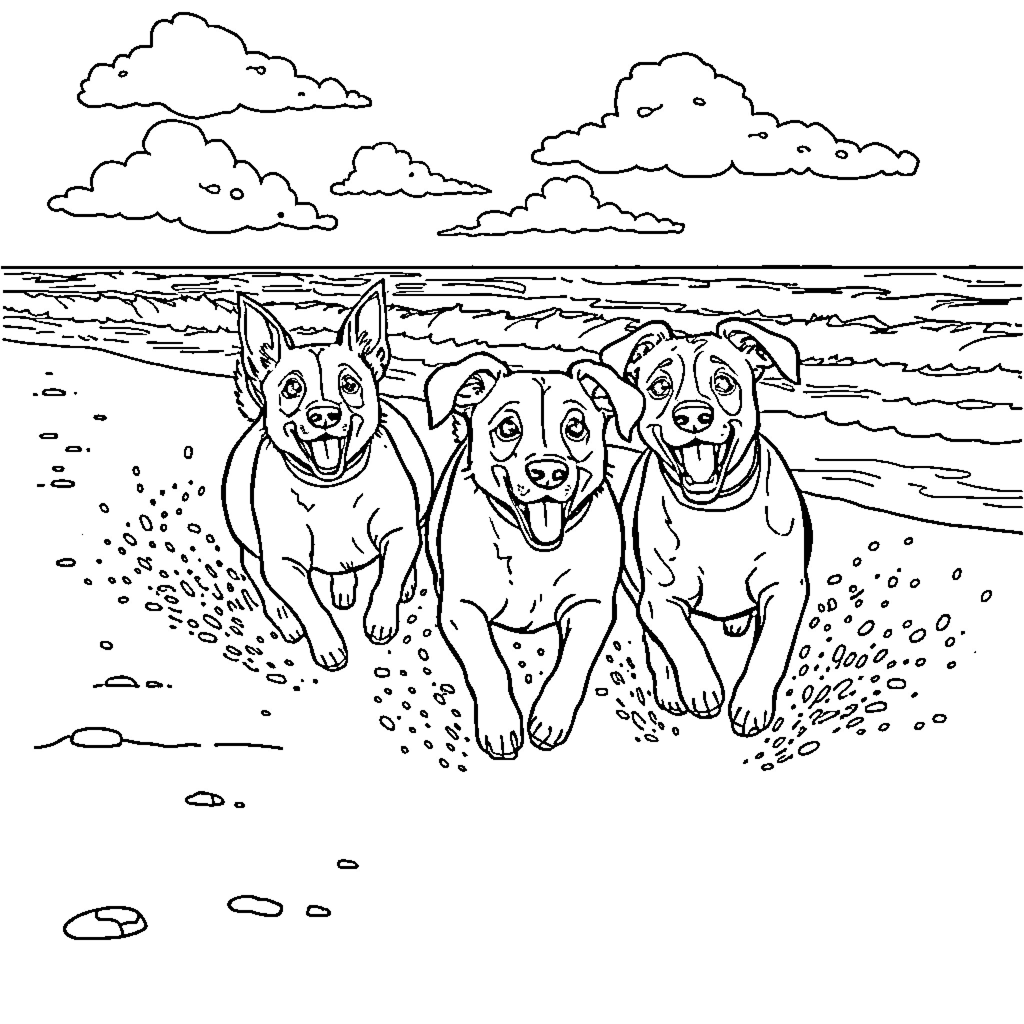 Dog friends enjoying a beach day Coloring Page (free black-and-white line drawing printable PDF for all, from beginners to advanced learners, including children, teens, adults, and seniors)