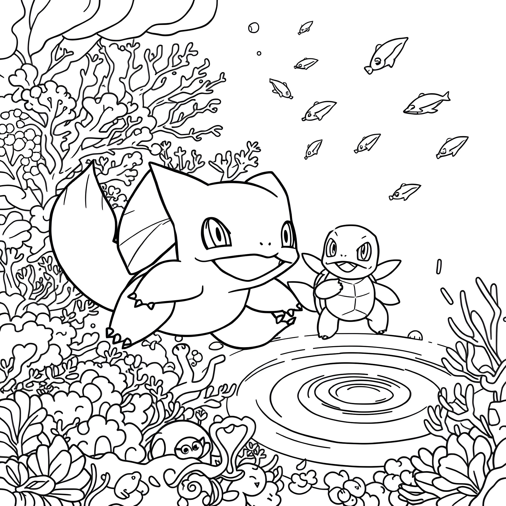 Bulbasaur and Squirtle exploring the underwater world Coloring Page (free black-and-white line drawing printable PDF for all, from beginners to advanced learners, including children, teens, adults, and seniors)