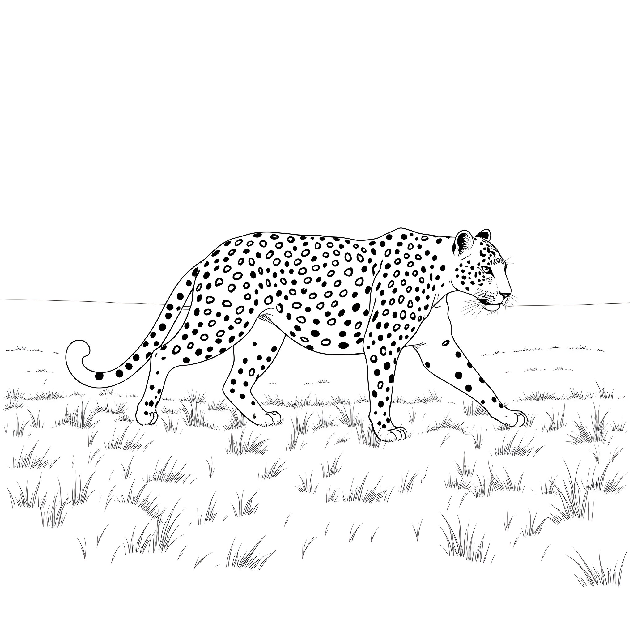 Leopard walking gracefully in the wild Coloring Page (free black-and-white line drawing printable PDF for all, from beginners to advanced learners, including children, teens, adults, and seniors)