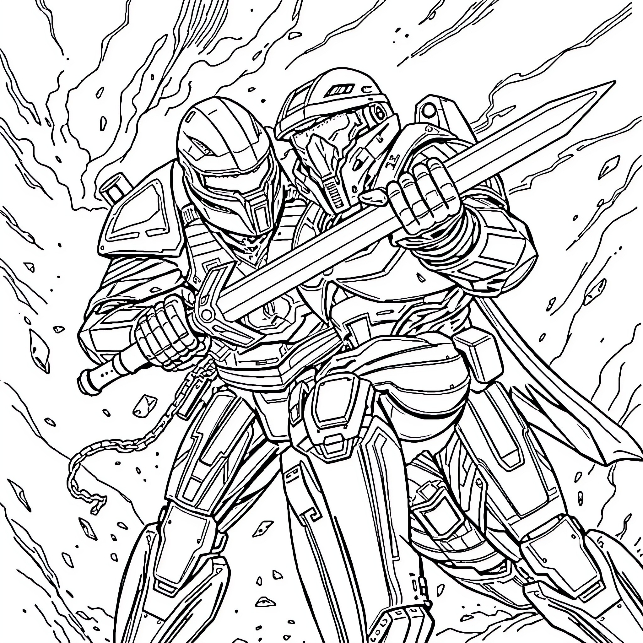 Masterchief wielding futuristic weapon in combat Coloring Page (free black-and-white line drawing printable PDF for all, from beginners to advanced learners, including children, teens, adults, and seniors)