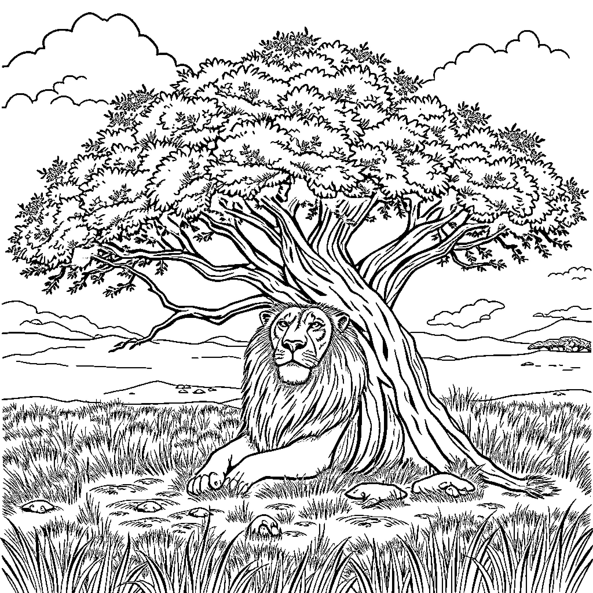 Lion resting under a majestic tree Coloring Page (free black-and-white line drawing printable PDF for all, from beginners to advanced learners, including children, teens, adults, and seniors)