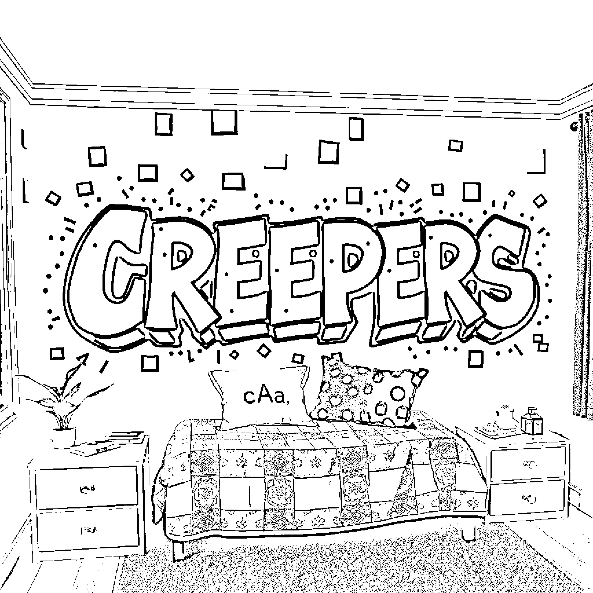 Creepers Invade Cozy Home Interior Coloring Page (free black-and-white line drawing printable PDF for all, from beginners to advanced learners, including children, teens, adults, and seniors)