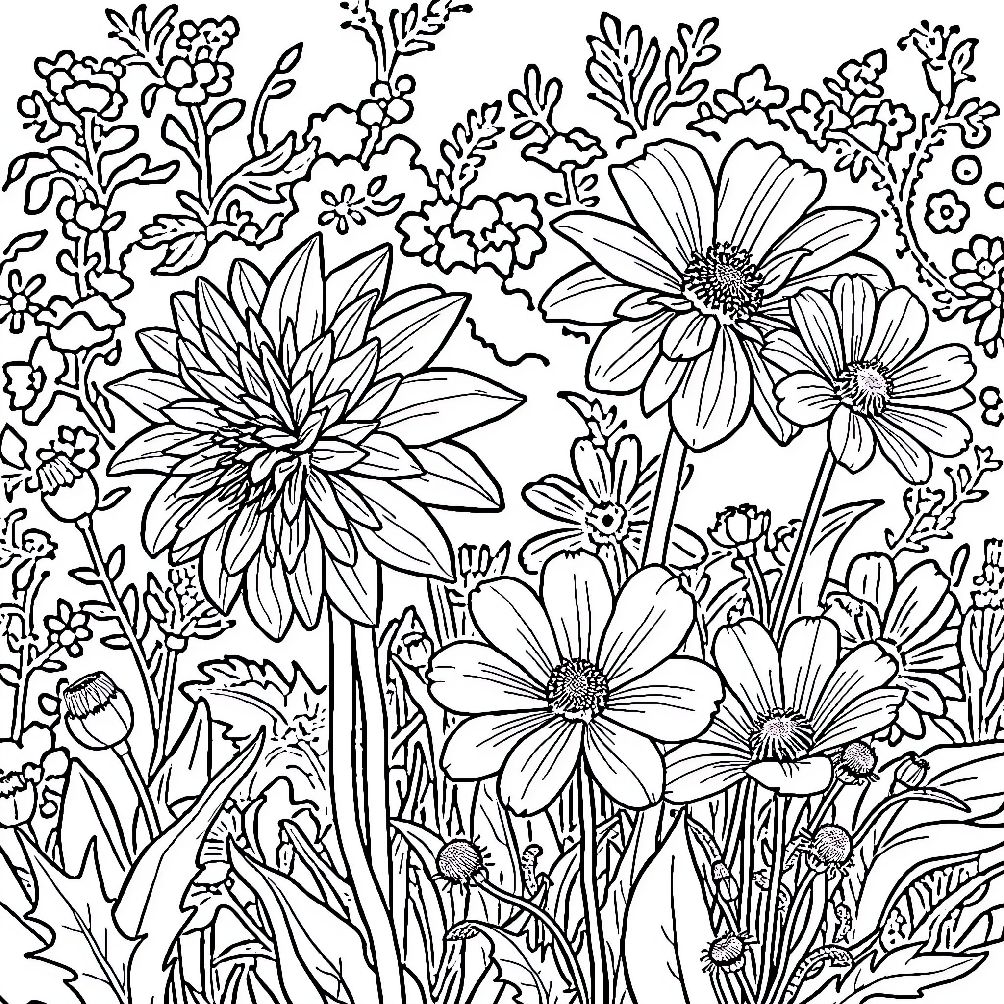 Dahlia Blossoms in the Garden Coloring Page (free black-and-white line drawing printable PDF for all, from beginners to advanced learners, including children, teens, adults, and seniors)