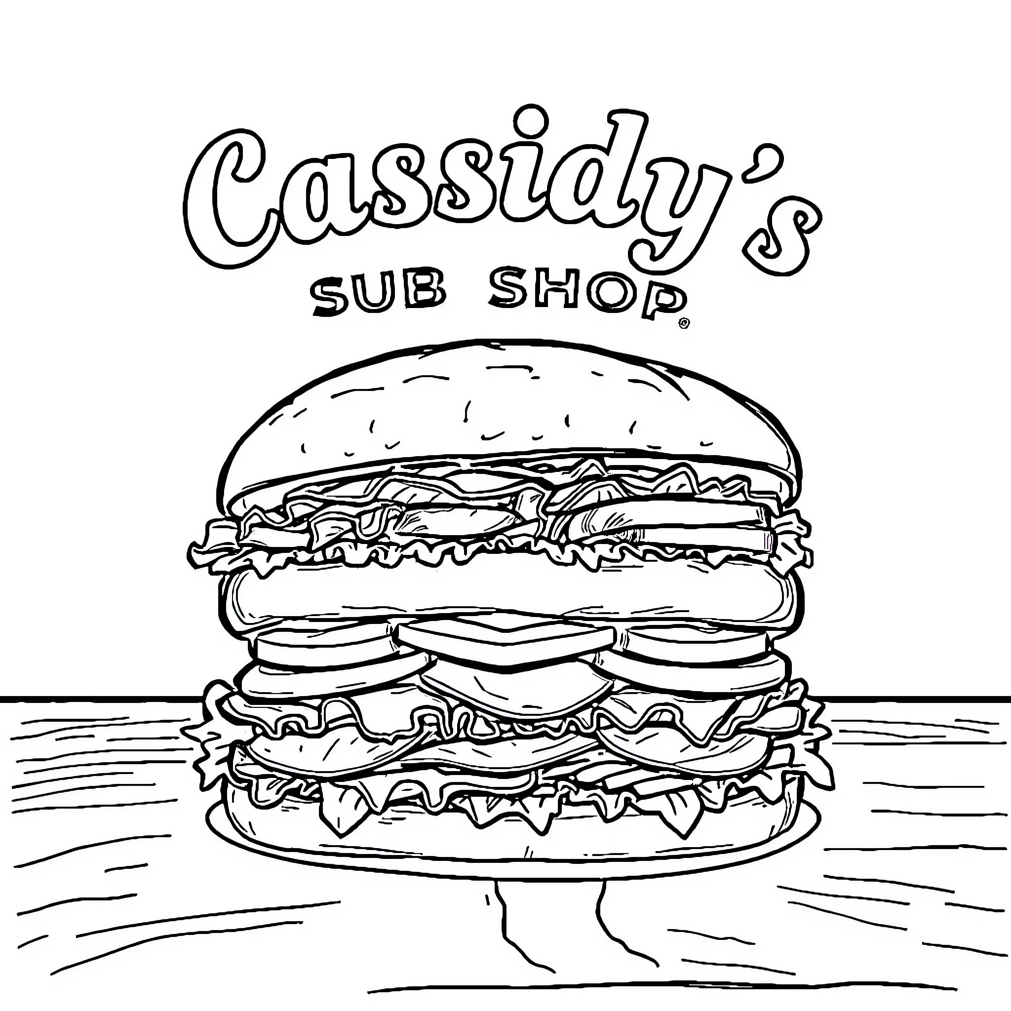 Sub Sandwich Shop with Mouthwatering Sandwich Coloring Page (free black-and-white line drawing printable PDF for all, from beginners to advanced learners, including children, teens, adults, and seniors)