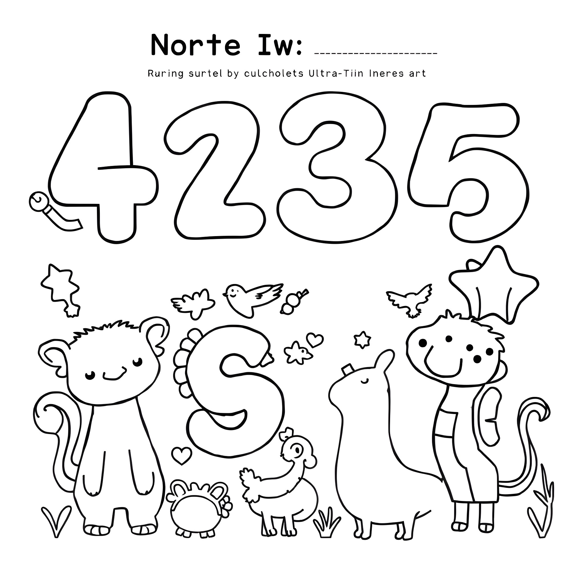 Number Art with Cute Animals Coloring Page (free black-and-white line drawing printable PDF for all, from beginners to advanced learners, including children, teens, adults, and seniors)