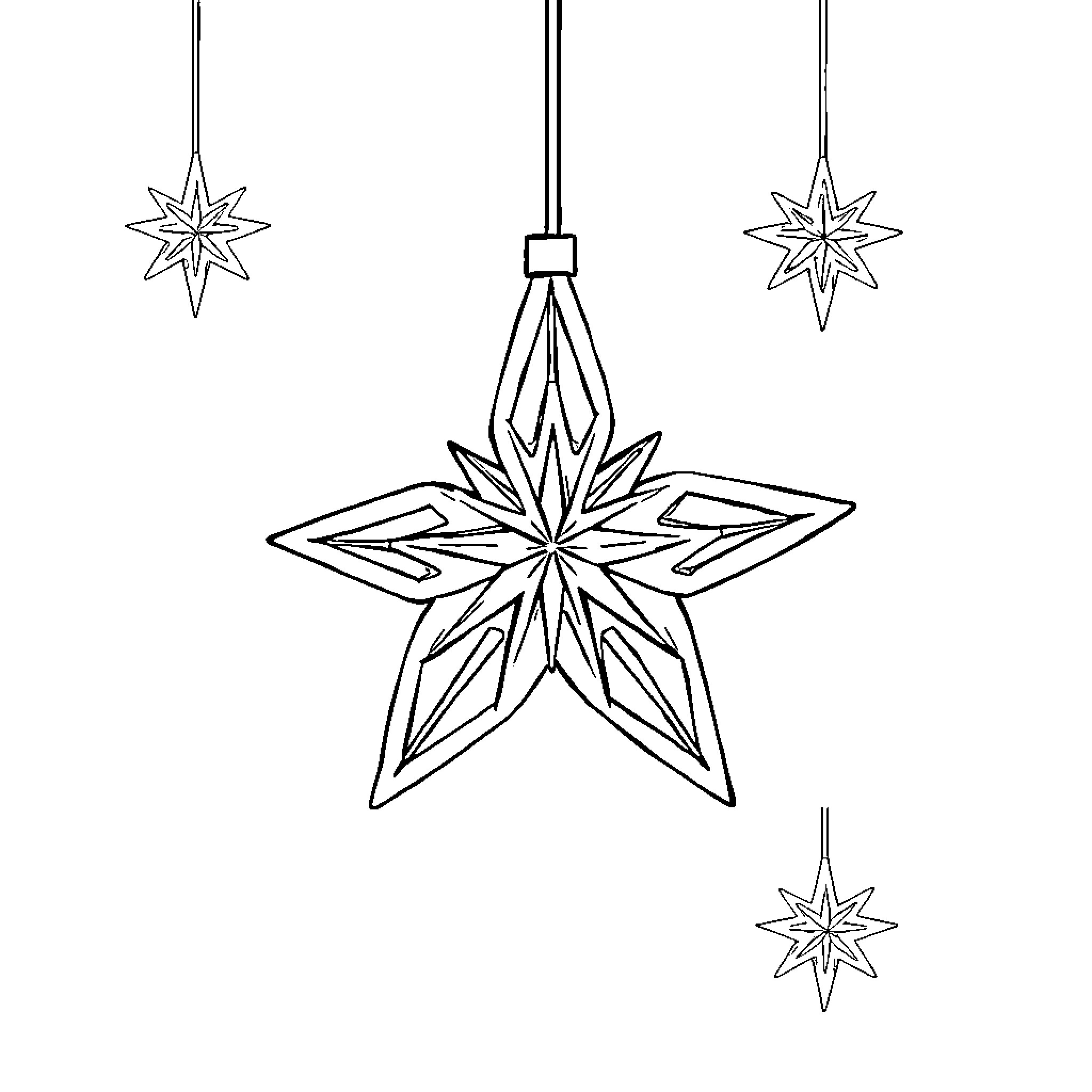 Star-shaped Christmas ornaments hanging Coloring Page (free black-and-white line drawing printable PDF for all, from beginners to advanced learners, including children, teens, adults, and seniors)