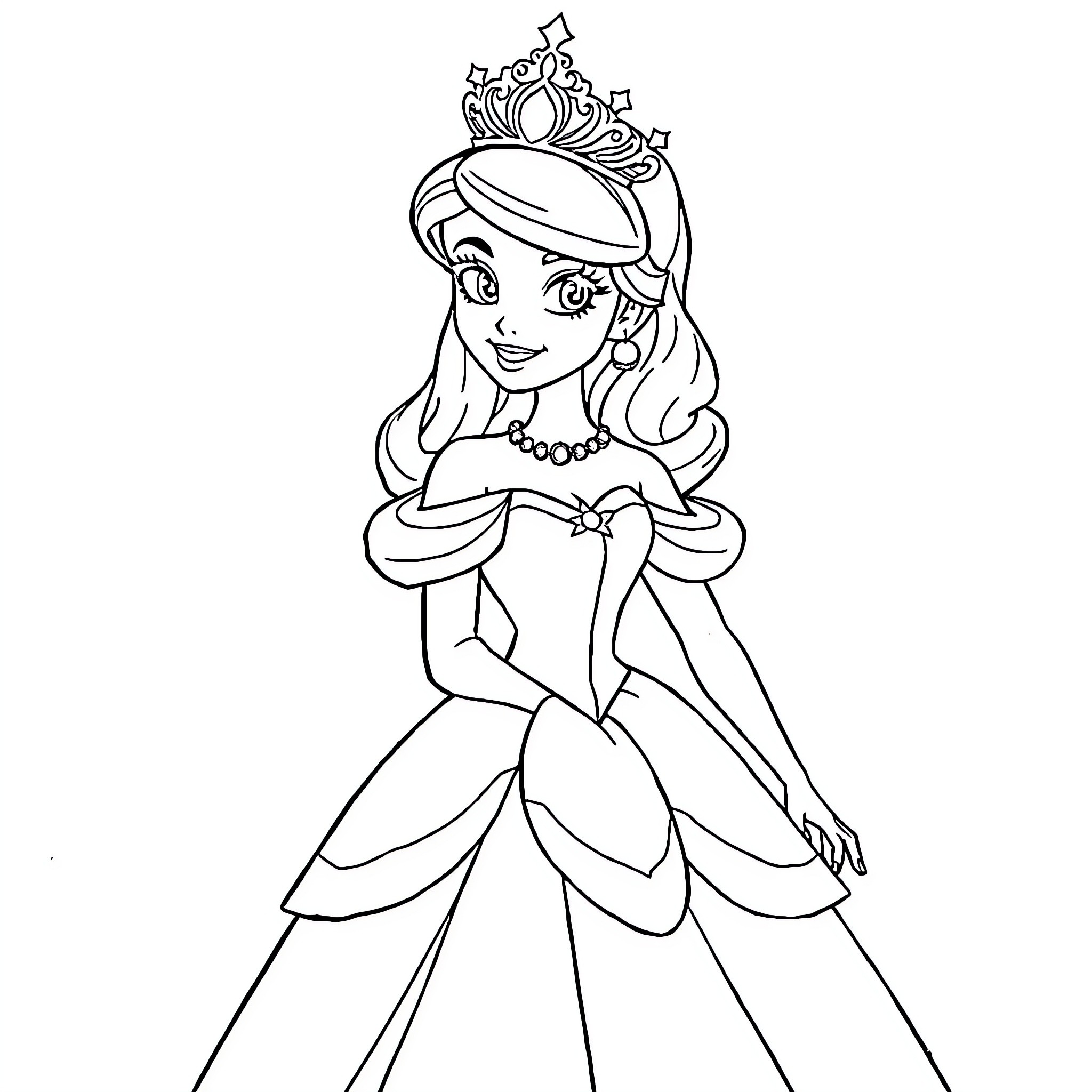 Disney Princess in Elegant Gown and Crown Coloring Page (free black-and-white line drawing printable PDF for all, from beginners to advanced learners, including children, teens, adults, and seniors)