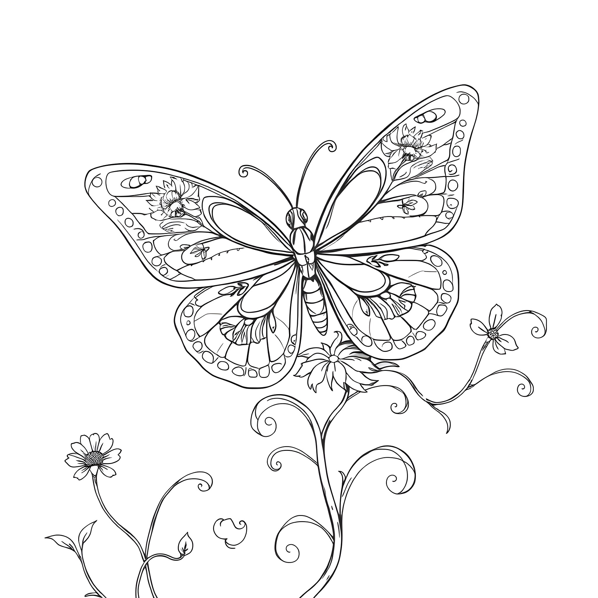 Butterfly gracefully perched on delicate floral arrangement Coloring Page (free black-and-white line drawing printable PDF for all, from beginners to advanced learners, including children, teens, adults, and seniors)
