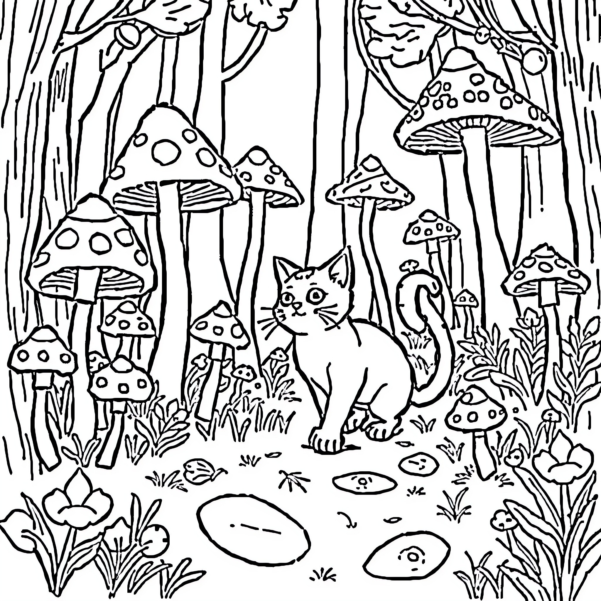 Cat exploring a whimsical mushroom forest Coloring Page (free black-and-white line drawing printable PDF for all, from beginners to advanced learners, including children, teens, adults, and seniors)