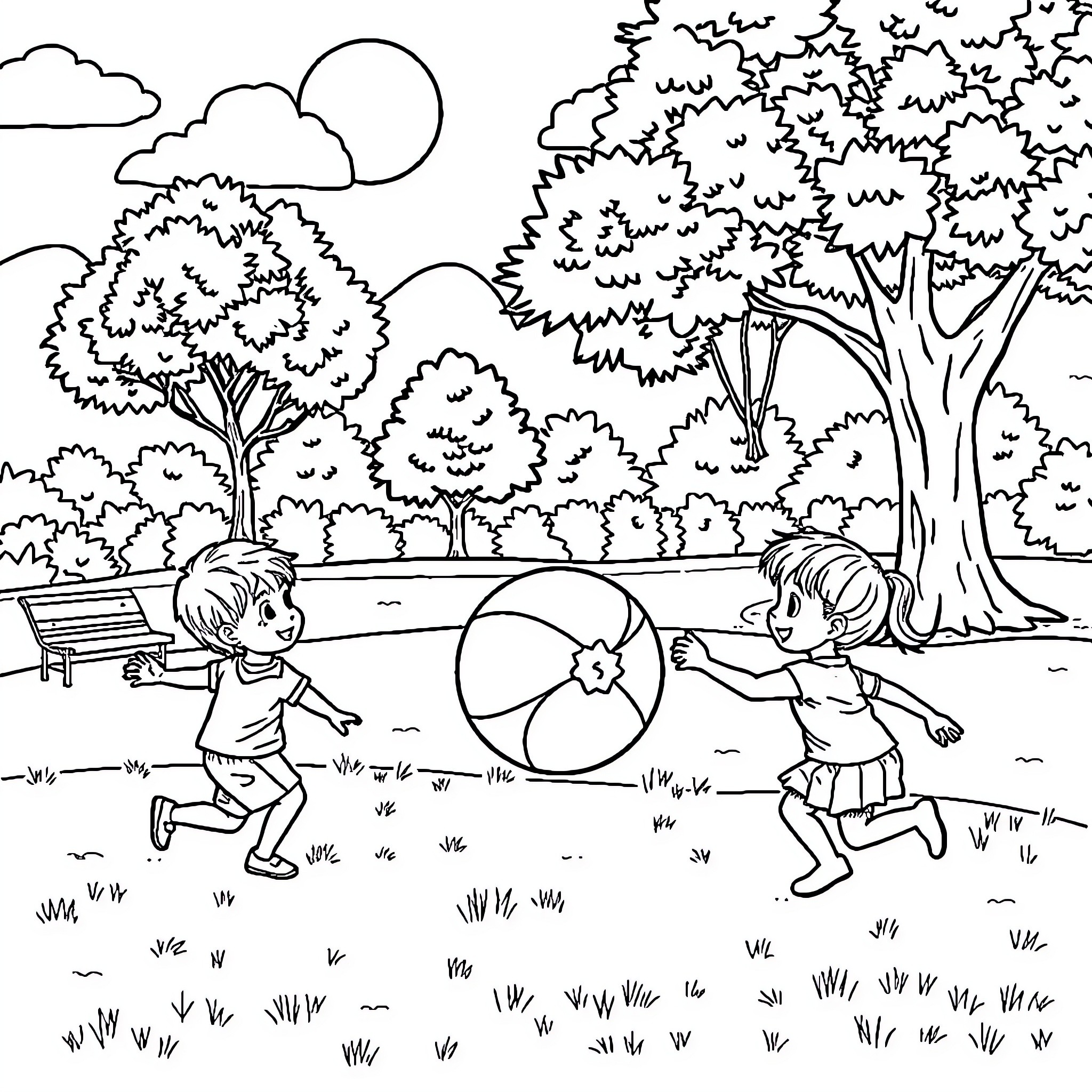 Ball Playing Children in Park Landscape Coloring Page (free black-and-white line drawing printable PDF for all, from beginners to advanced learners, including children, teens, adults, and seniors)