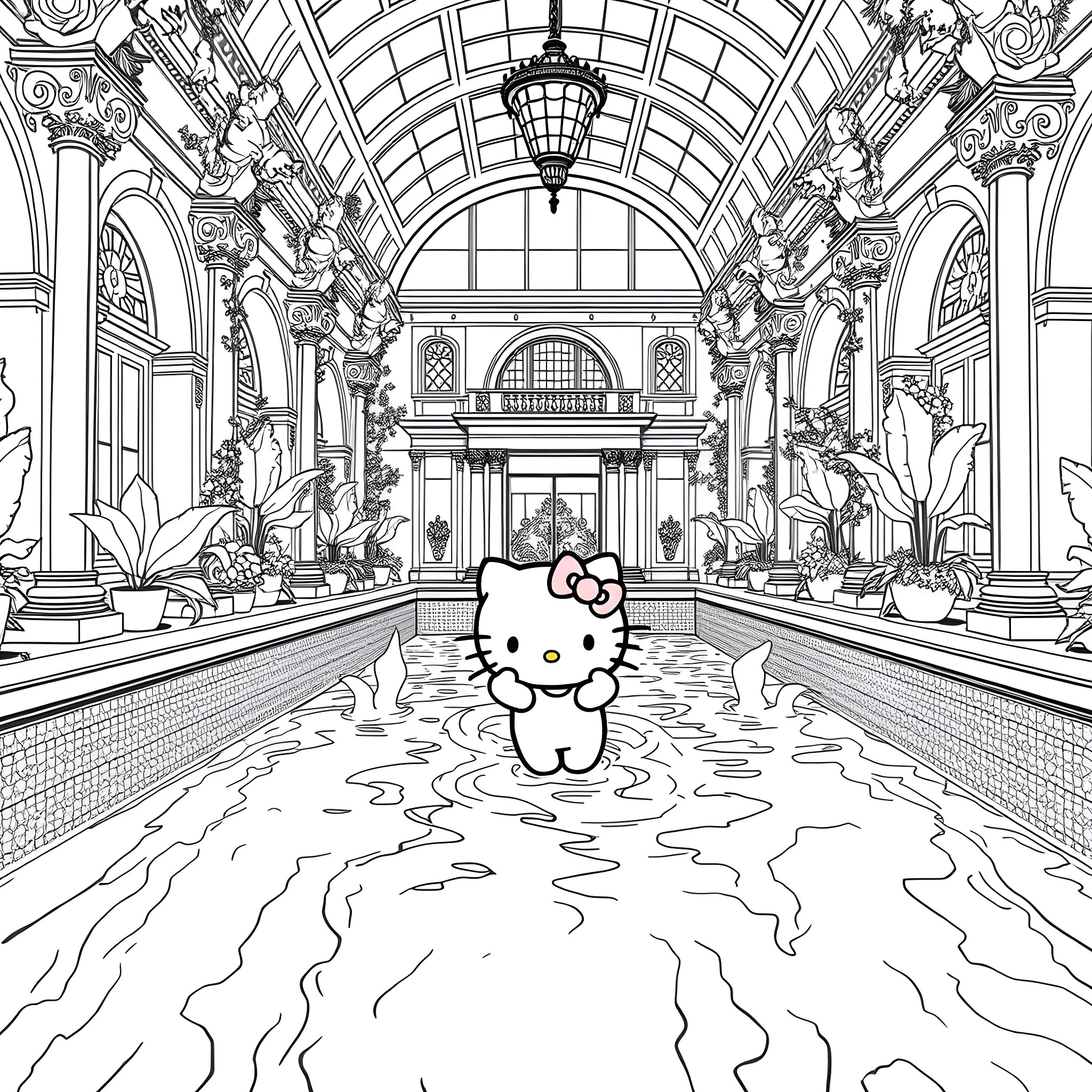Hello Kitty explores a grand, ornate hall Coloring Page (free black-and-white line drawing printable PDF for all, from beginners to advanced learners, including children, teens, adults, and seniors)