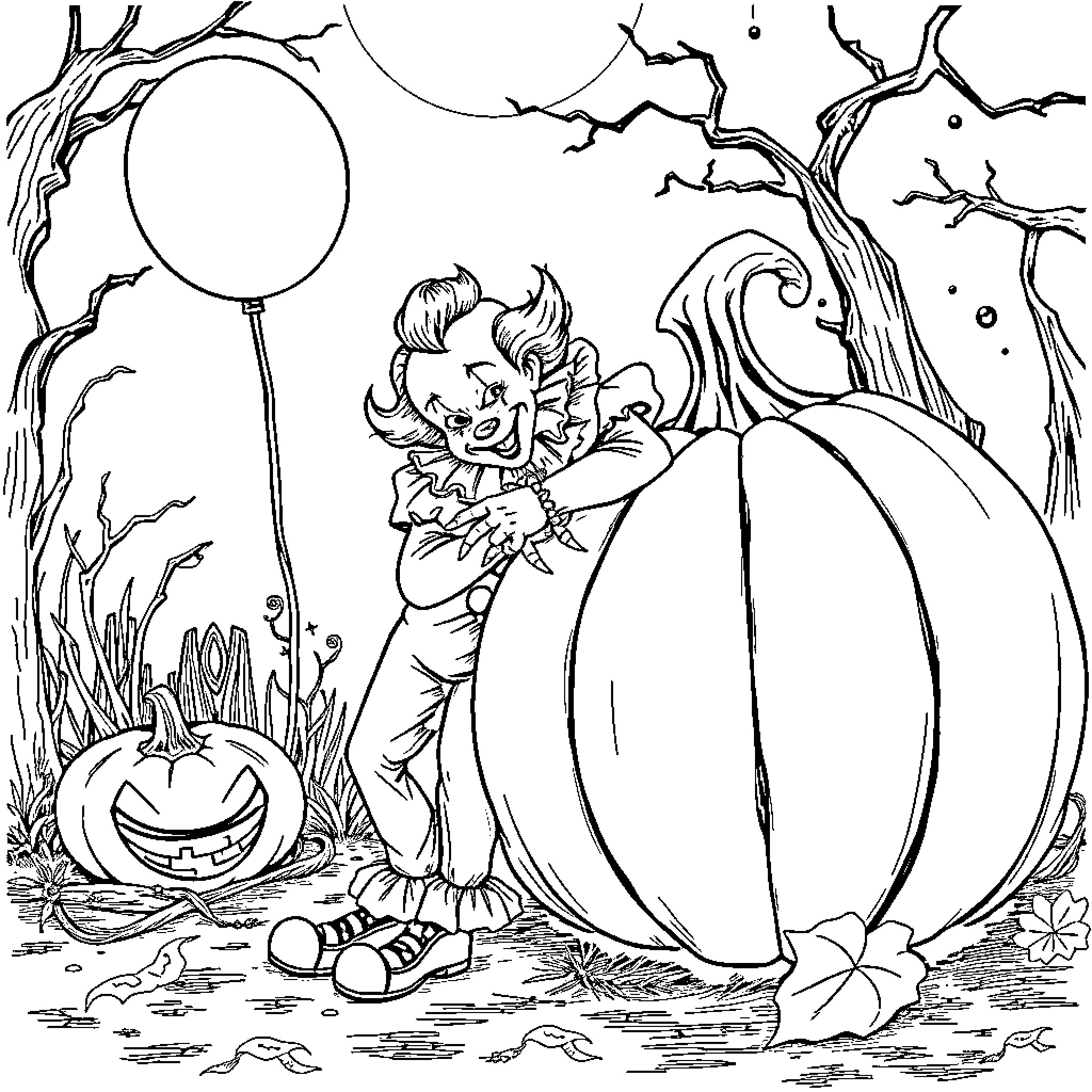 Pennywise the Clown's Autumn Mischief Coloring Page (free black-and-white line drawing printable PDF for all, from beginners to advanced learners, including children, teens, adults, and seniors)