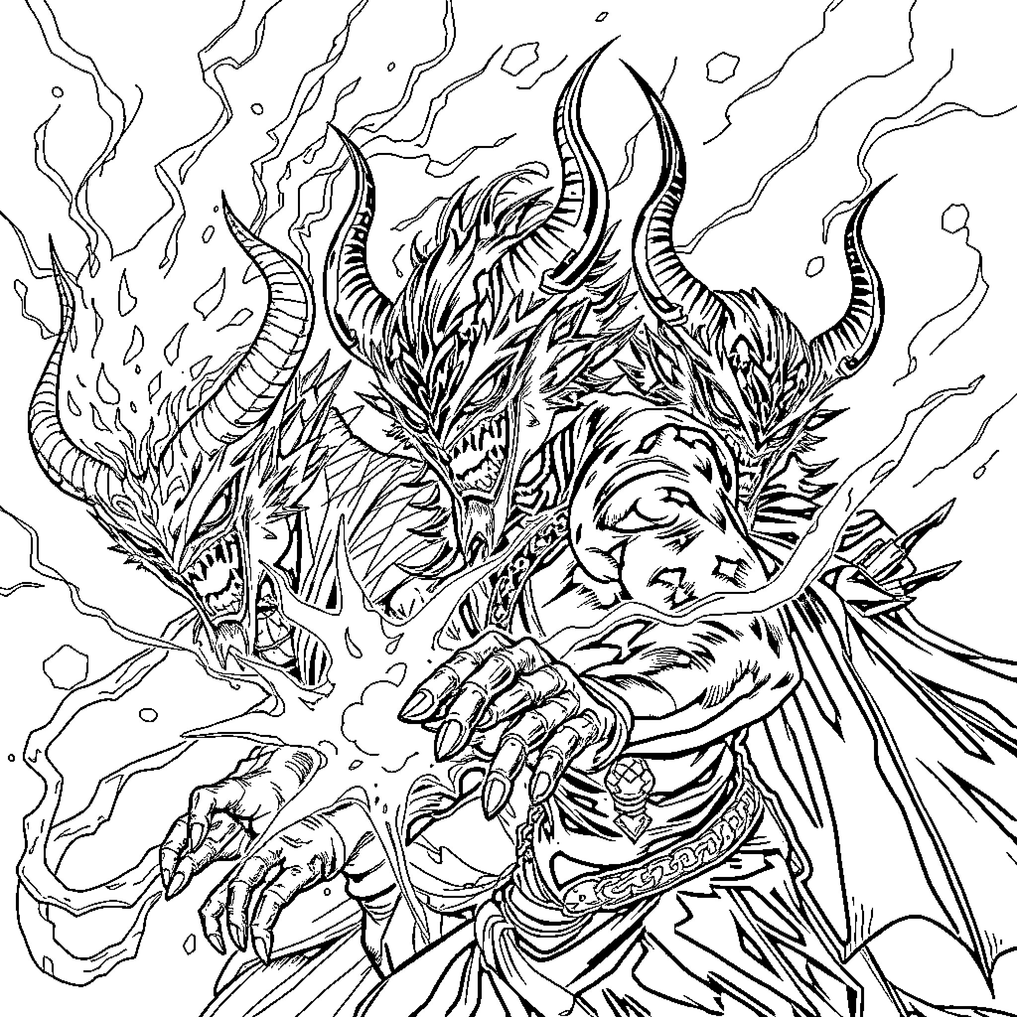 Saja Boys Battling Fierce Mythical Creature Coloring Page (free black-and-white line drawing printable PDF for all, from beginners to advanced learners, including children, teens, adults, and seniors)