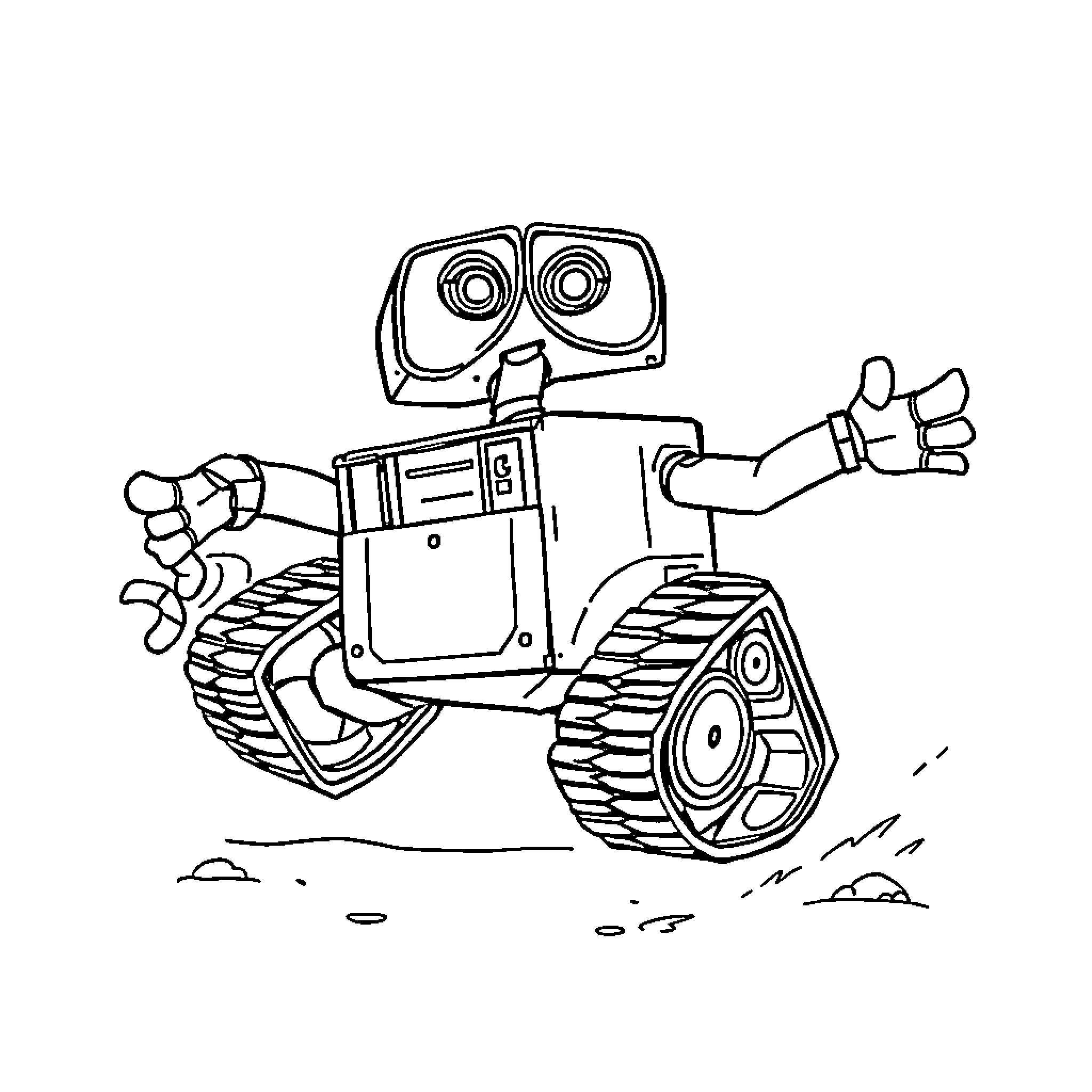 Wall-i exploring the world in his robot body Coloring Page (free black-and-white line drawing printable PDF for all, from beginners to advanced learners, including children, teens, adults, and seniors)