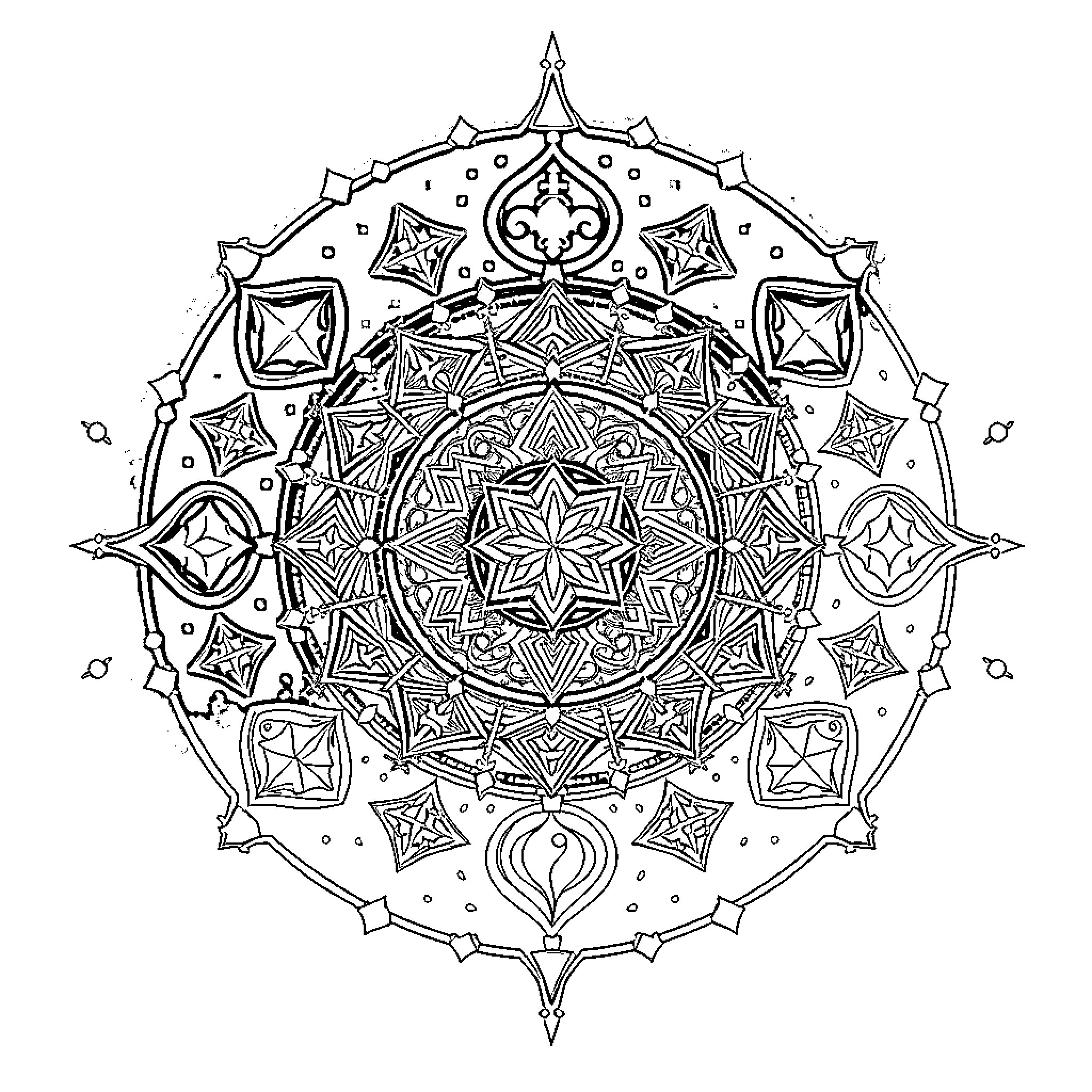 Secret Message of Sacred Geometry Patterns Coloring Page (free black-and-white line drawing printable PDF for all, from beginners to advanced learners, including children, teens, adults, and seniors)