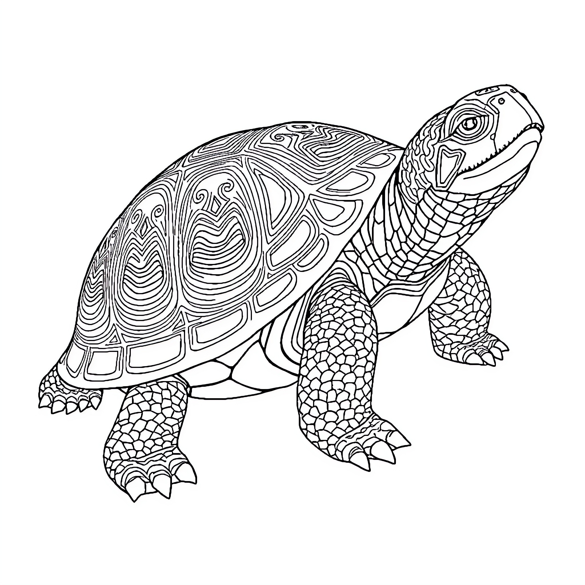 Tortoise with intricate shell patterns Coloring Page (free black-and-white line drawing printable PDF for all, from beginners to advanced learners, including children, teens, adults, and seniors)