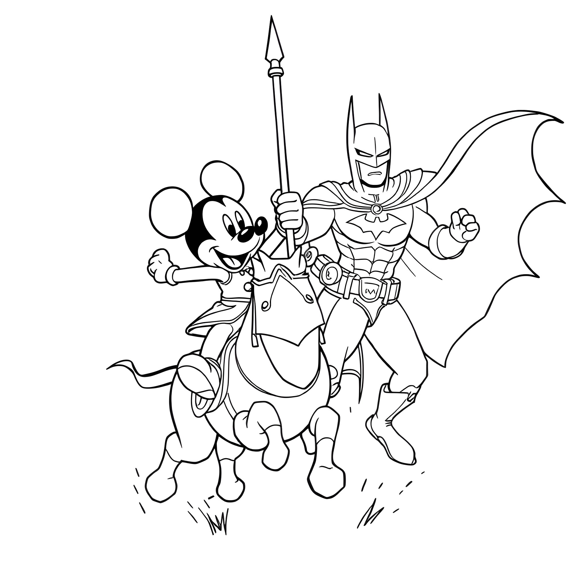 Mickey Mouse and Batman team up for an adventure Coloring Page (free black-and-white line drawing printable PDF for all, from beginners to advanced learners, including children, teens, adults, and seniors)