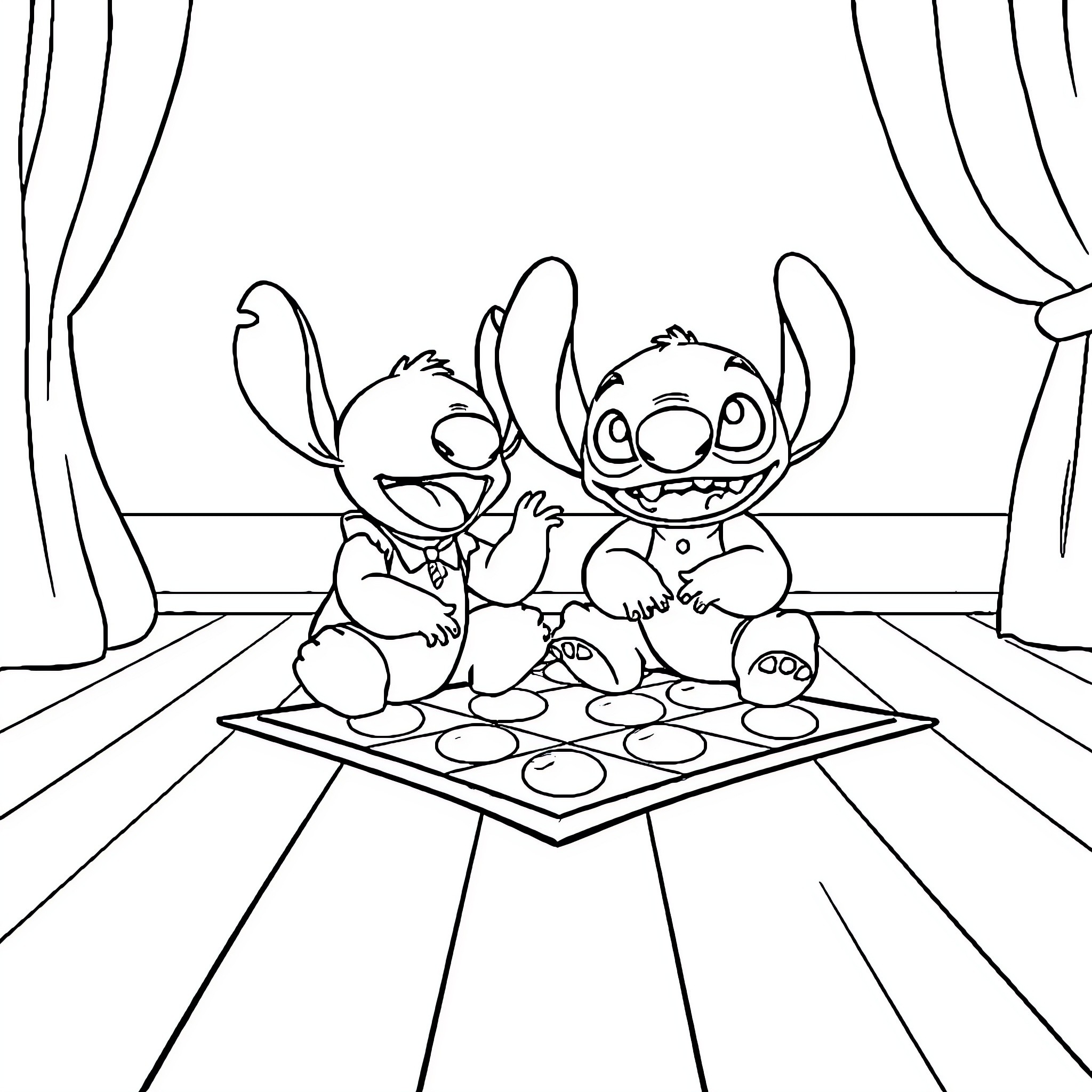 Lilo and Stitch playing together happily Coloring Page (free black-and-white line drawing printable PDF for all, from beginners to advanced learners, including children, teens, adults, and seniors)