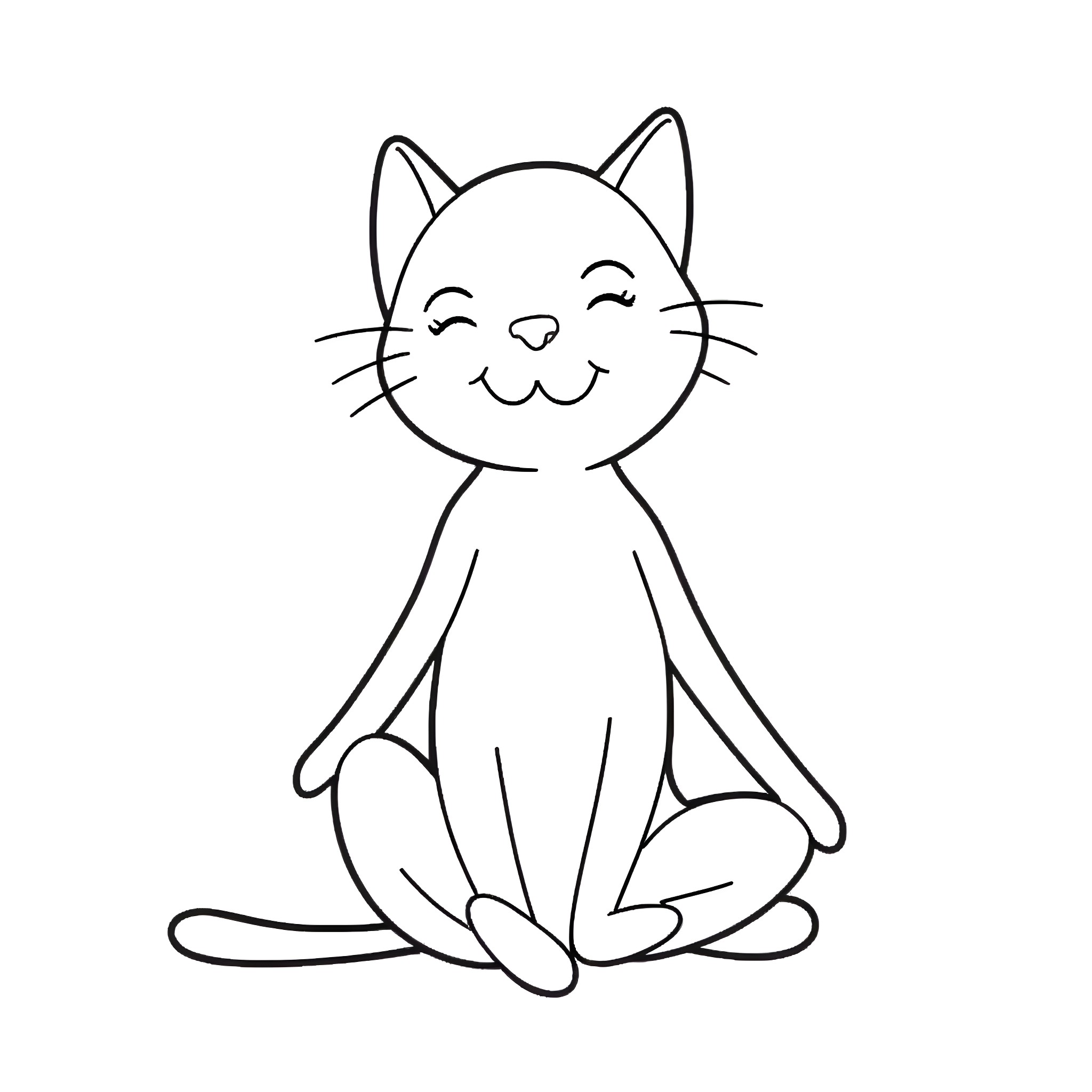 Cat sitting happily with a smile Coloring Page (free black-and-white line drawing printable PDF for all, from beginners to advanced learners, including children, teens, adults, and seniors)