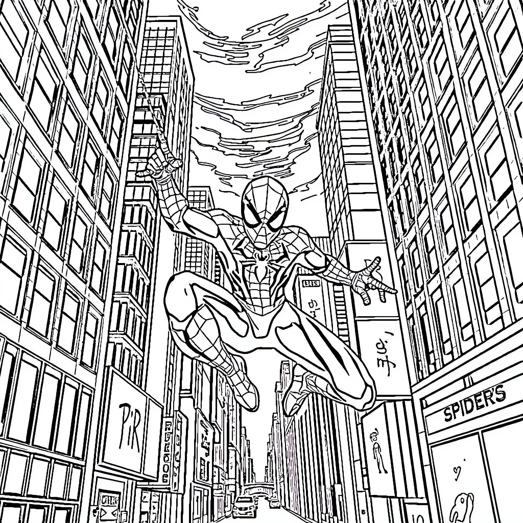 Spider-Man swinging through the city Coloring Page (free black-and-white line drawing printable PDF for all, from beginners to advanced learners, including children, teens, adults, and seniors)