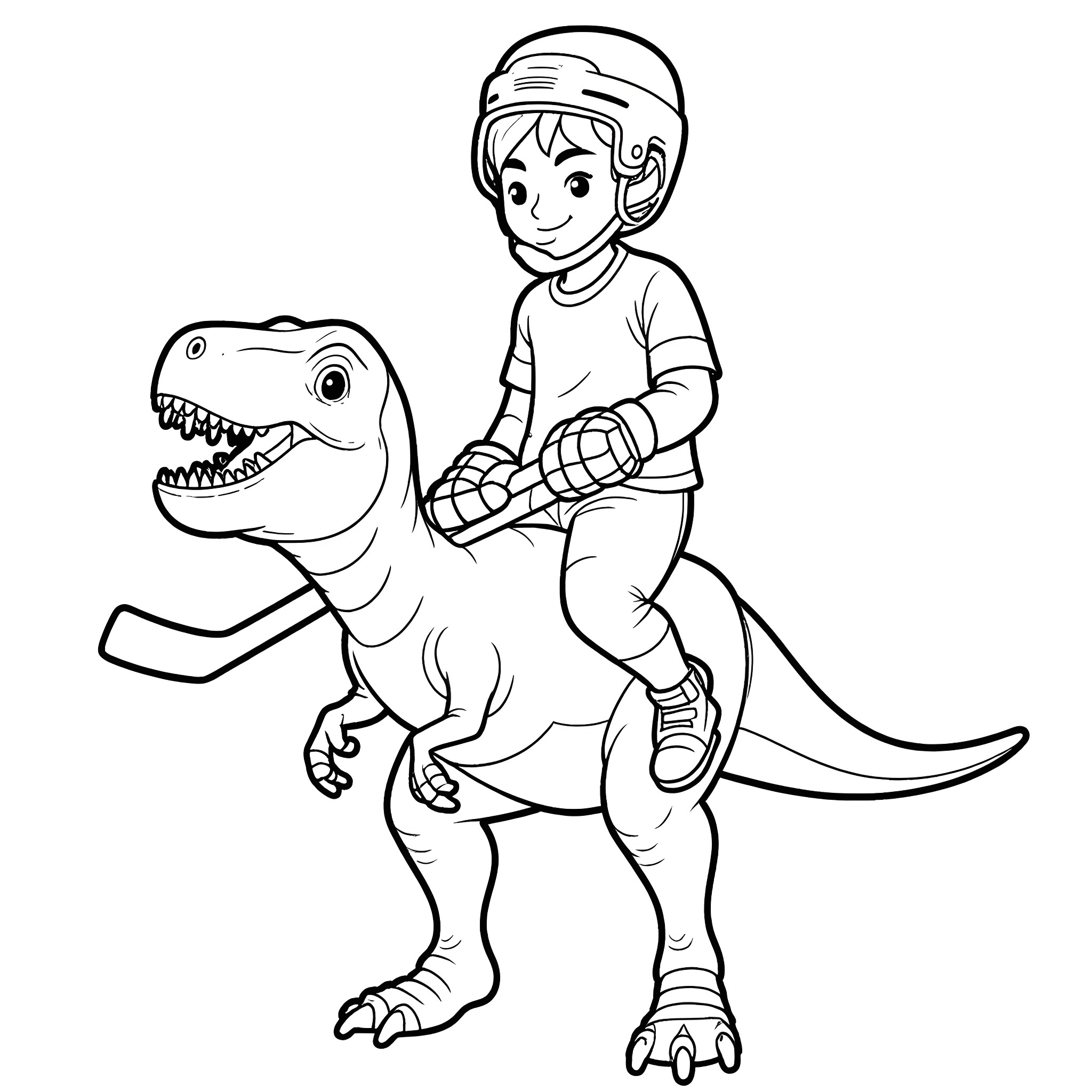 Hockey Player Riding a Dinosaur Coloring Page (free black-and-white line drawing printable PDF for all, from beginners to advanced learners, including children, teens, adults, and seniors)