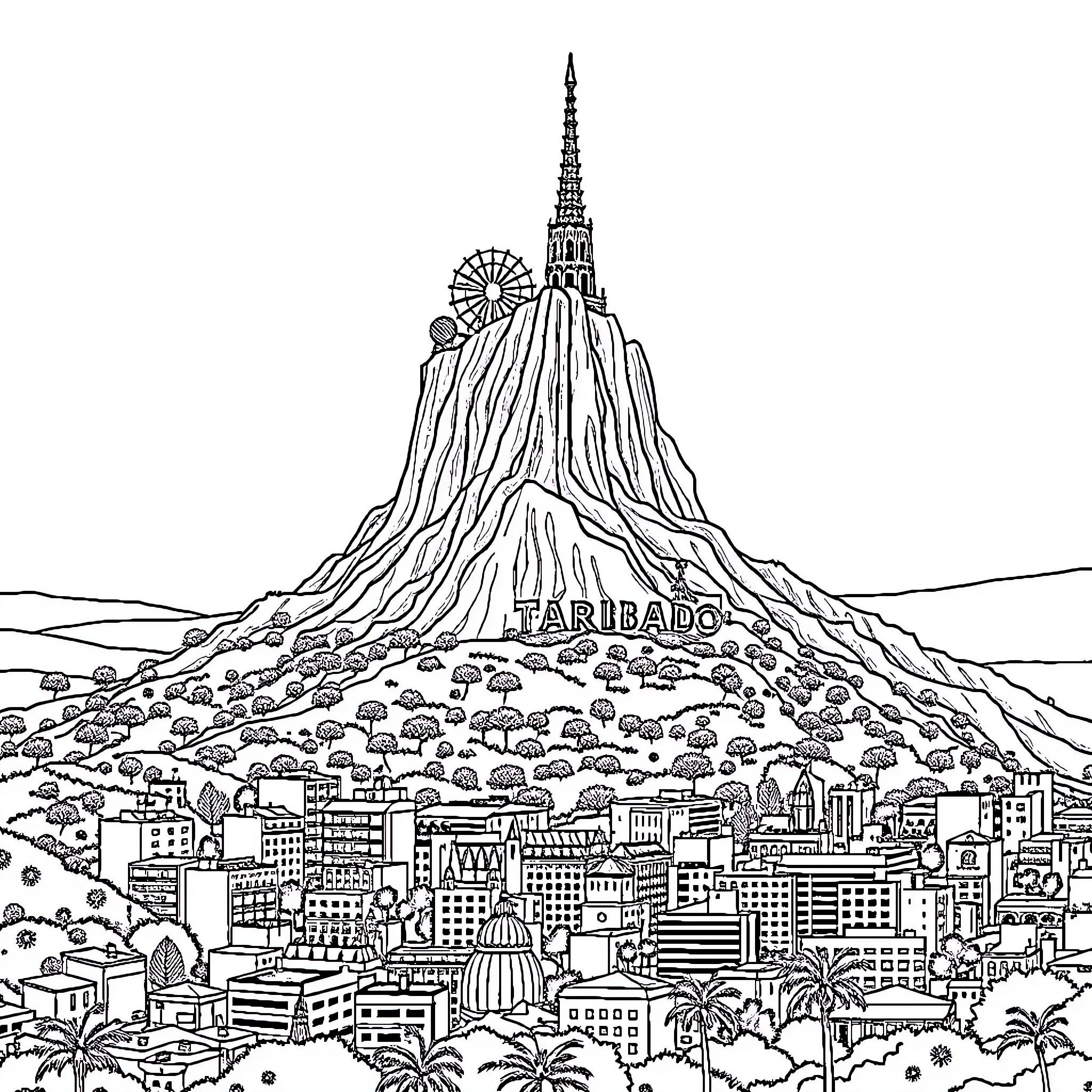 Tibidabo - Fantastical cityscape with towering mountain Coloring Page (free black-and-white line drawing printable PDF for all, from beginners to advanced learners, including children, teens, adults, and seniors)