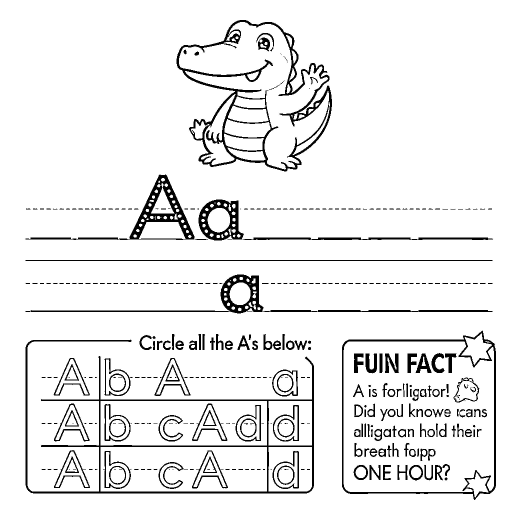 Alligator happily waving in an educational activity Coloring Page (free black-and-white line drawing printable PDF for all, from beginners to advanced learners, including children, teens, adults, and seniors)