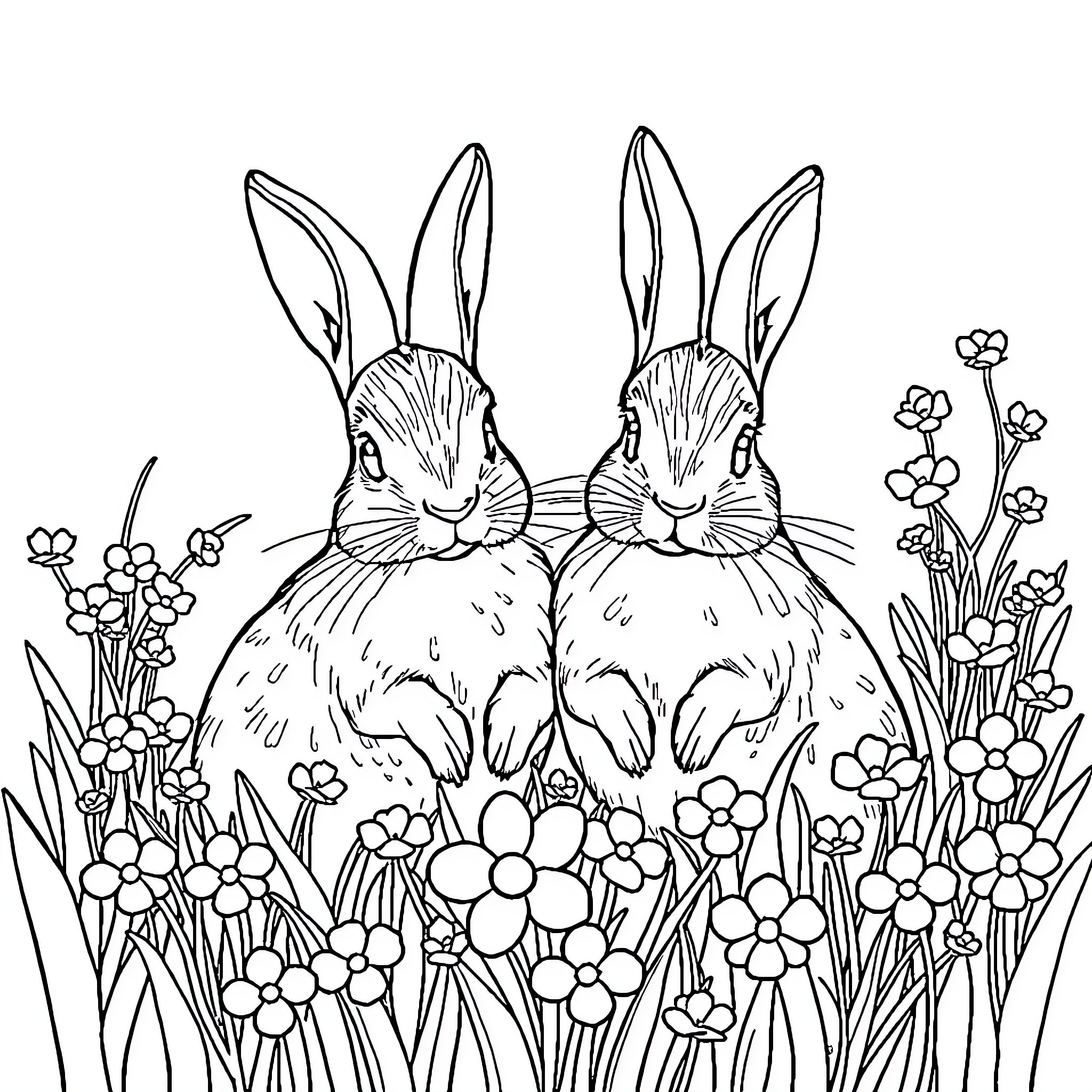 Conejo Rabbits Enjoying Floral Meadow Coloring Page (free black-and-white line drawing printable PDF for all, from beginners to advanced learners, including children, teens, adults, and seniors)