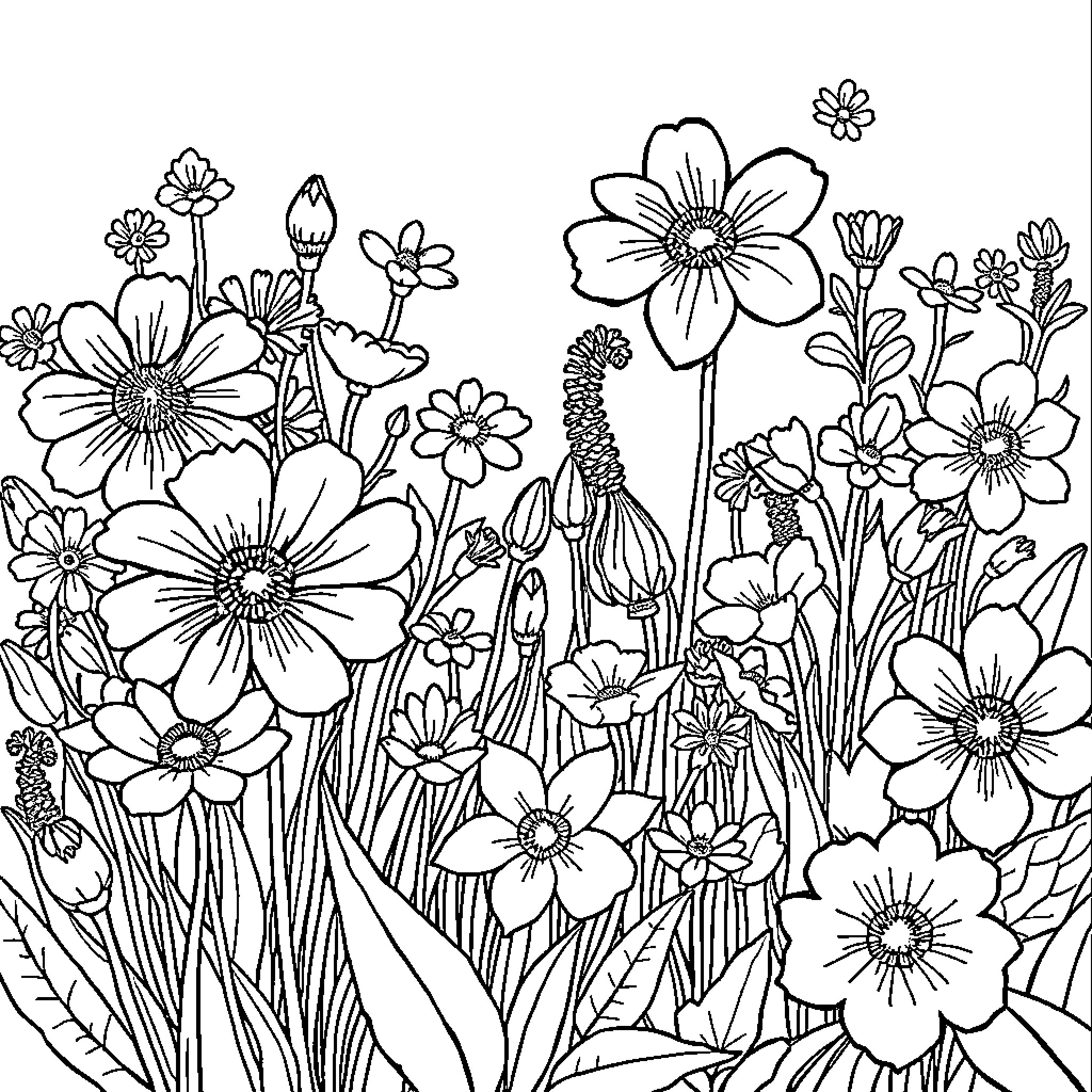 Greenhouse of Vibrant Floral Blooms Coloring Page (free black-and-white line drawing printable PDF for all, from beginners to advanced learners, including children, teens, adults, and seniors)