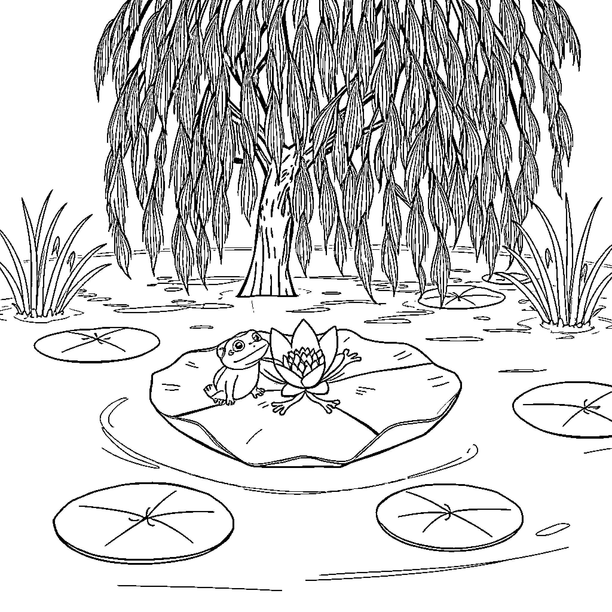 Lily Pad Pond with Frog and Weeping Willow Coloring Page (free black-and-white line drawing printable PDF for all, from beginners to advanced learners, including children, teens, adults, and seniors)