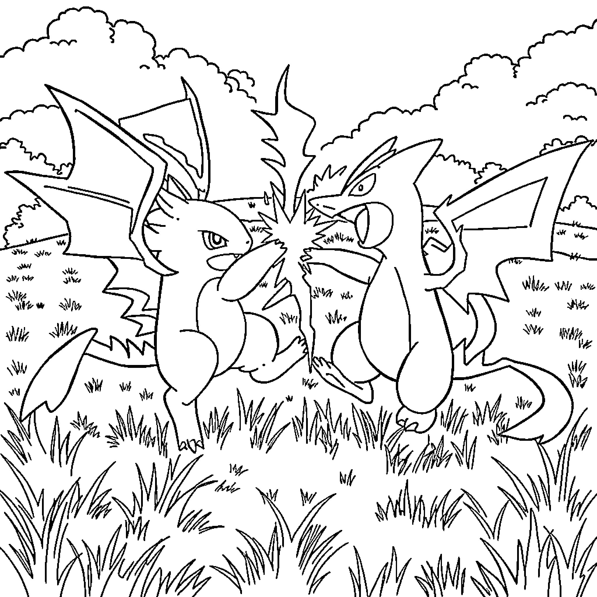 Pokémon Trio Exploring Grassy Meadow Coloring Page (free black-and-white line drawing printable PDF for all, from beginners to advanced learners, including children, teens, adults, and seniors)