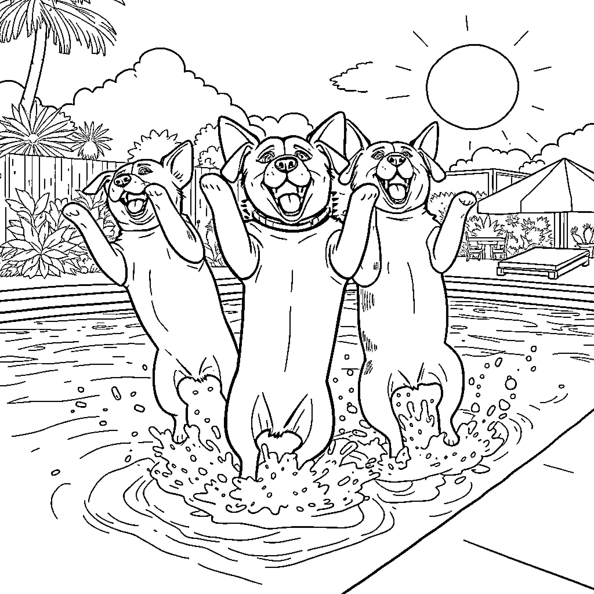 Dog friends enjoying a day at the beach Coloring Page (free black-and-white line drawing printable PDF for all, from beginners to advanced learners, including children, teens, adults, and seniors)