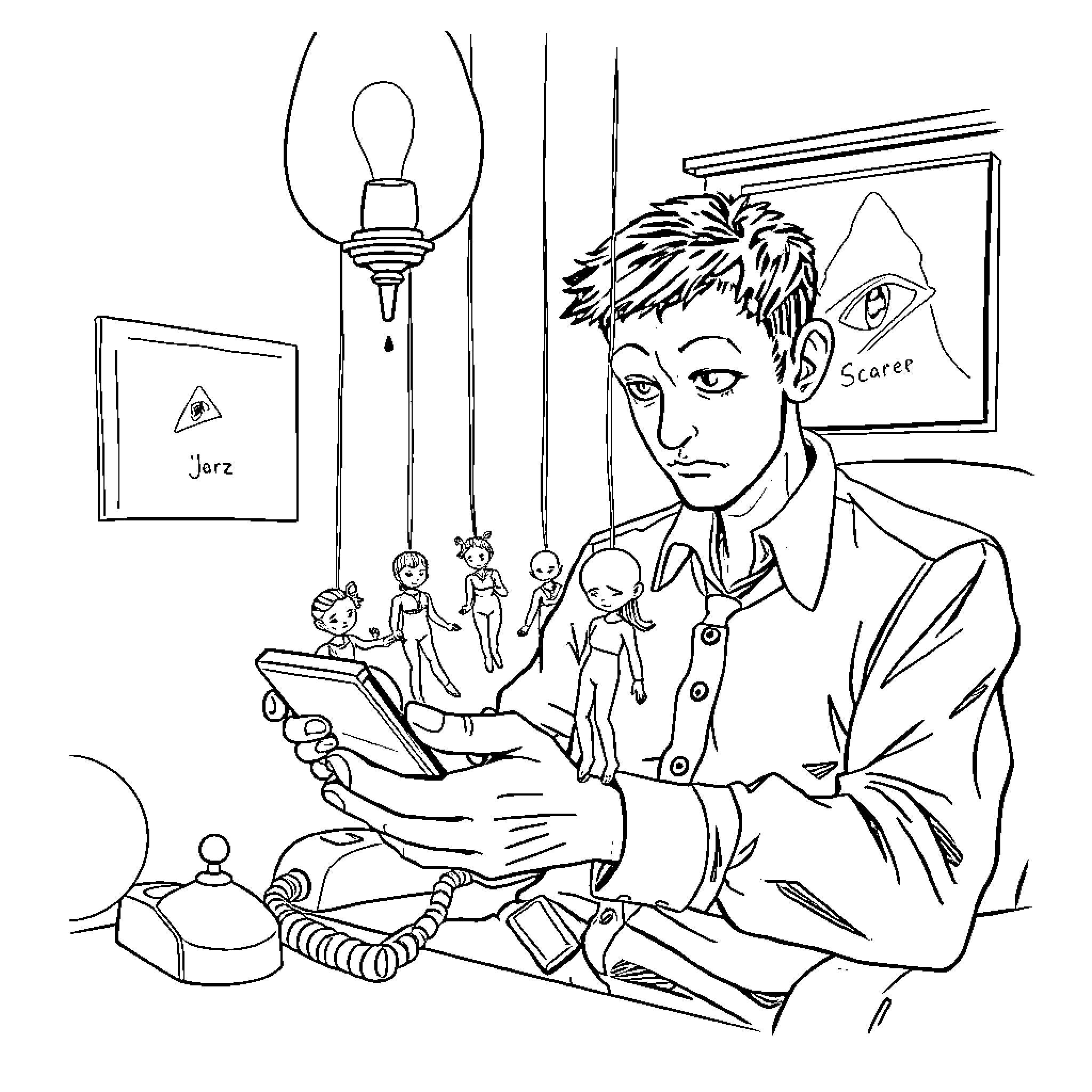 Grabber's Peculiar Workspace: Toys and Technology Coloring Page (free black-and-white line drawing printable PDF for all, from beginners to advanced learners, including children, teens, adults, and seniors)