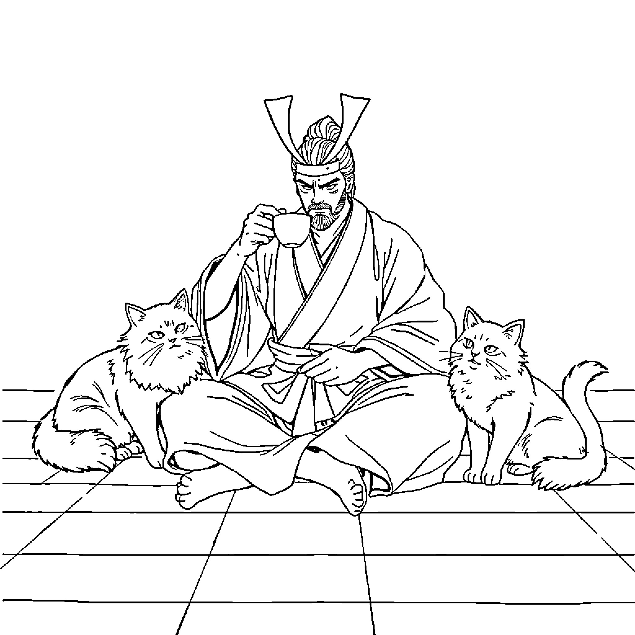 Samurai Relaxing with Feline Companions Coloring Page (free black-and-white line drawing printable PDF for all, from beginners to advanced learners, including children, teens, adults, and seniors)