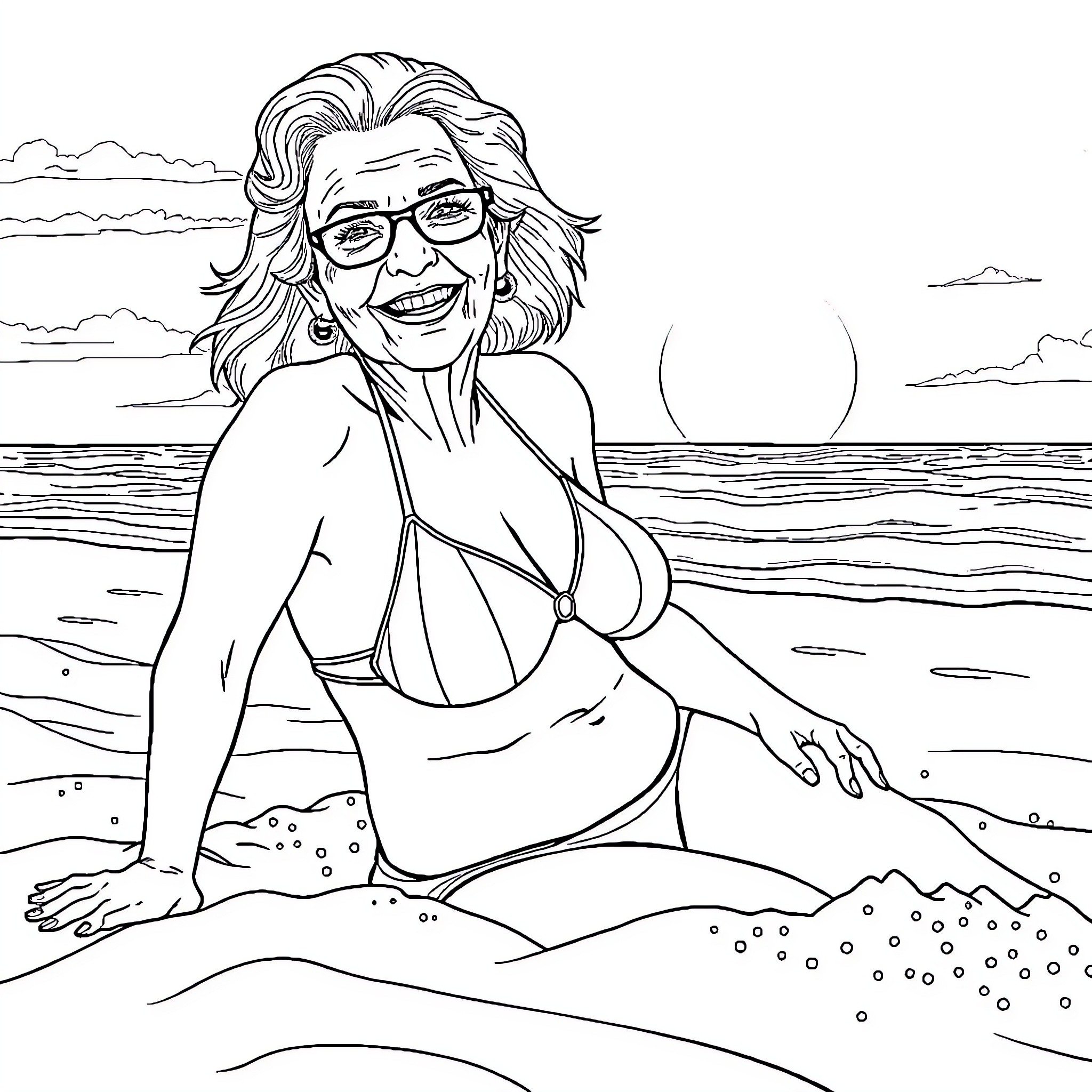 Lady relaxing on the beach in the sunset Coloring Page (free black-and-white line drawing printable PDF for all, from beginners to advanced learners, including children, teens, adults, and seniors)