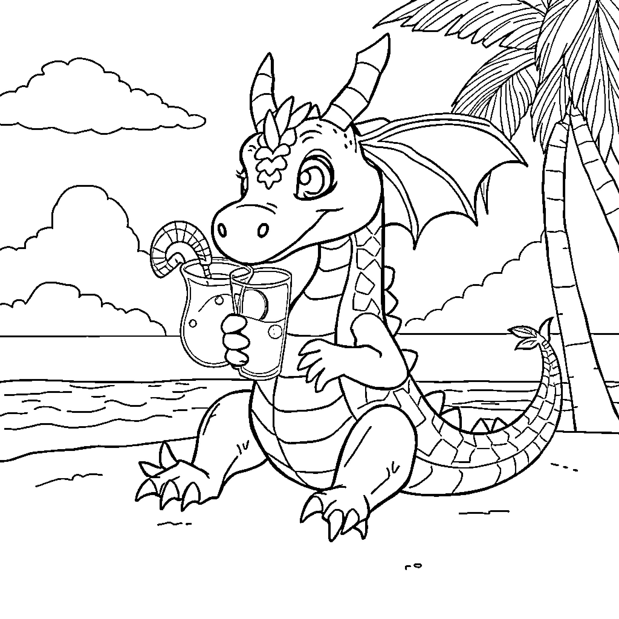 Dragon relaxing with a refreshing drink on the beach Coloring Page (free black-and-white line drawing printable PDF for all, from beginners to advanced learners, including children, teens, adults, and seniors)