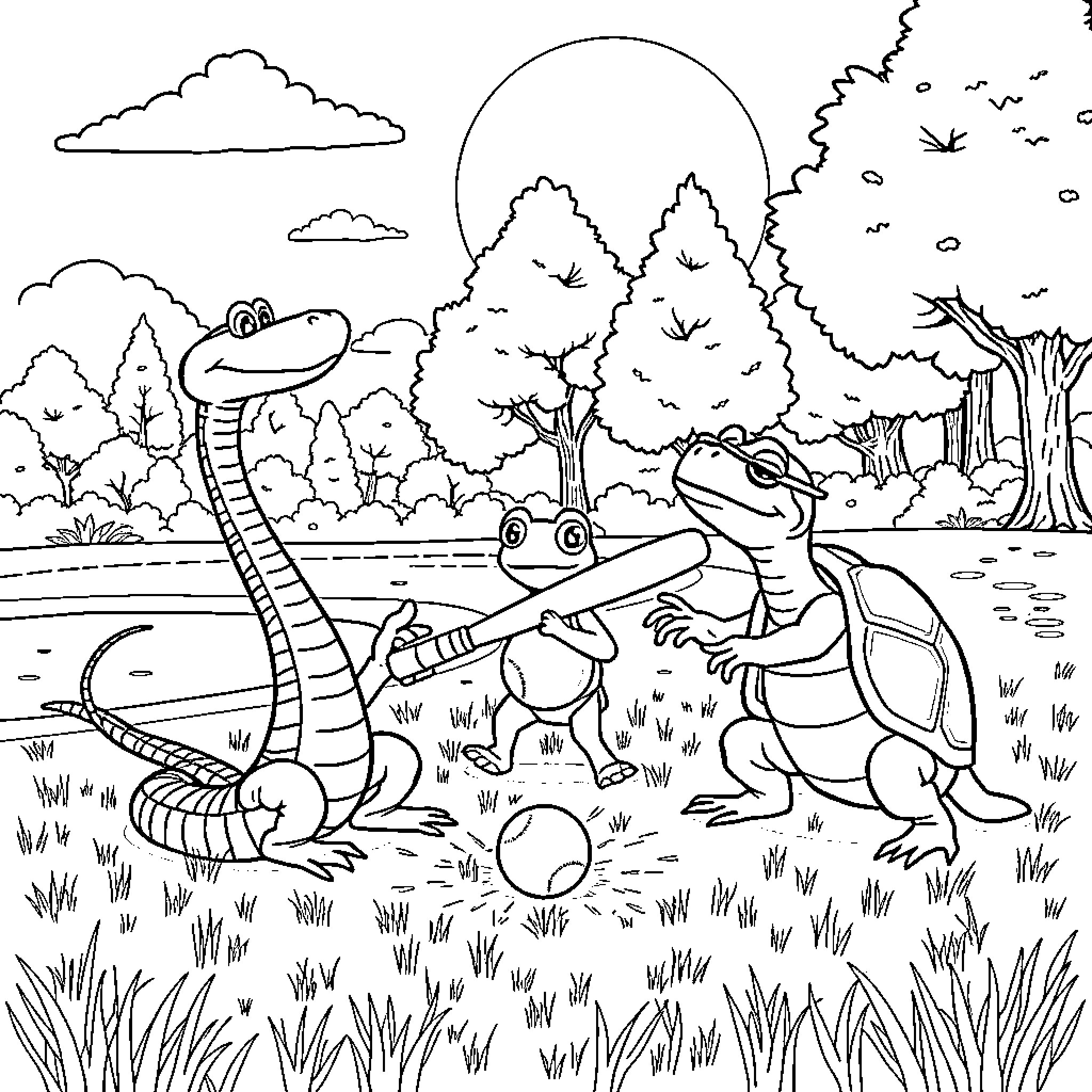 Snakes and Frogs Playing in the Forest Coloring Page (free black-and-white line drawing printable PDF for all, from beginners to advanced learners, including children, teens, adults, and seniors)
