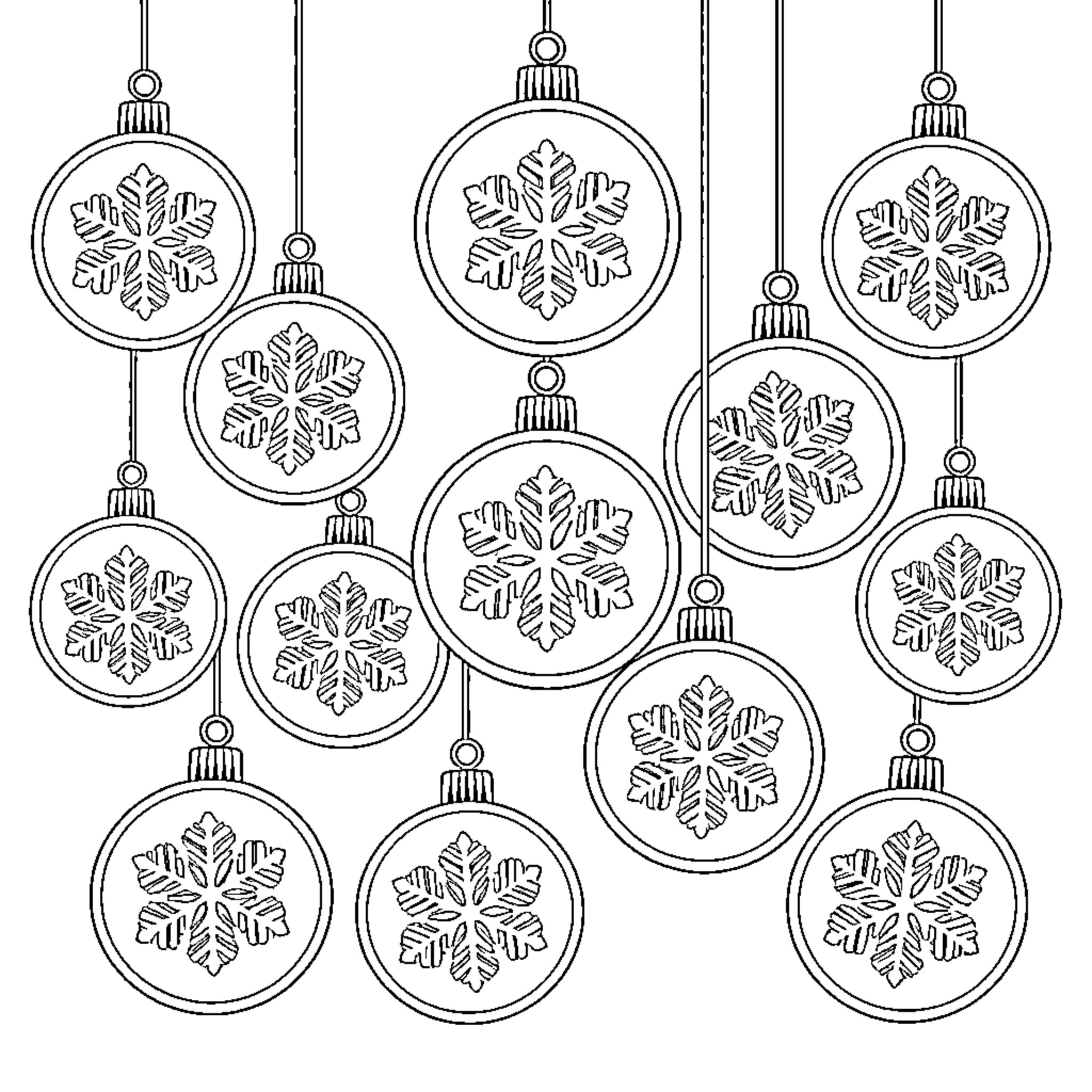 Christmas Ball Ornaments with Snowflake Designs Coloring Page (free black-and-white line drawing printable PDF for all, from beginners to advanced learners, including children, teens, adults, and seniors)