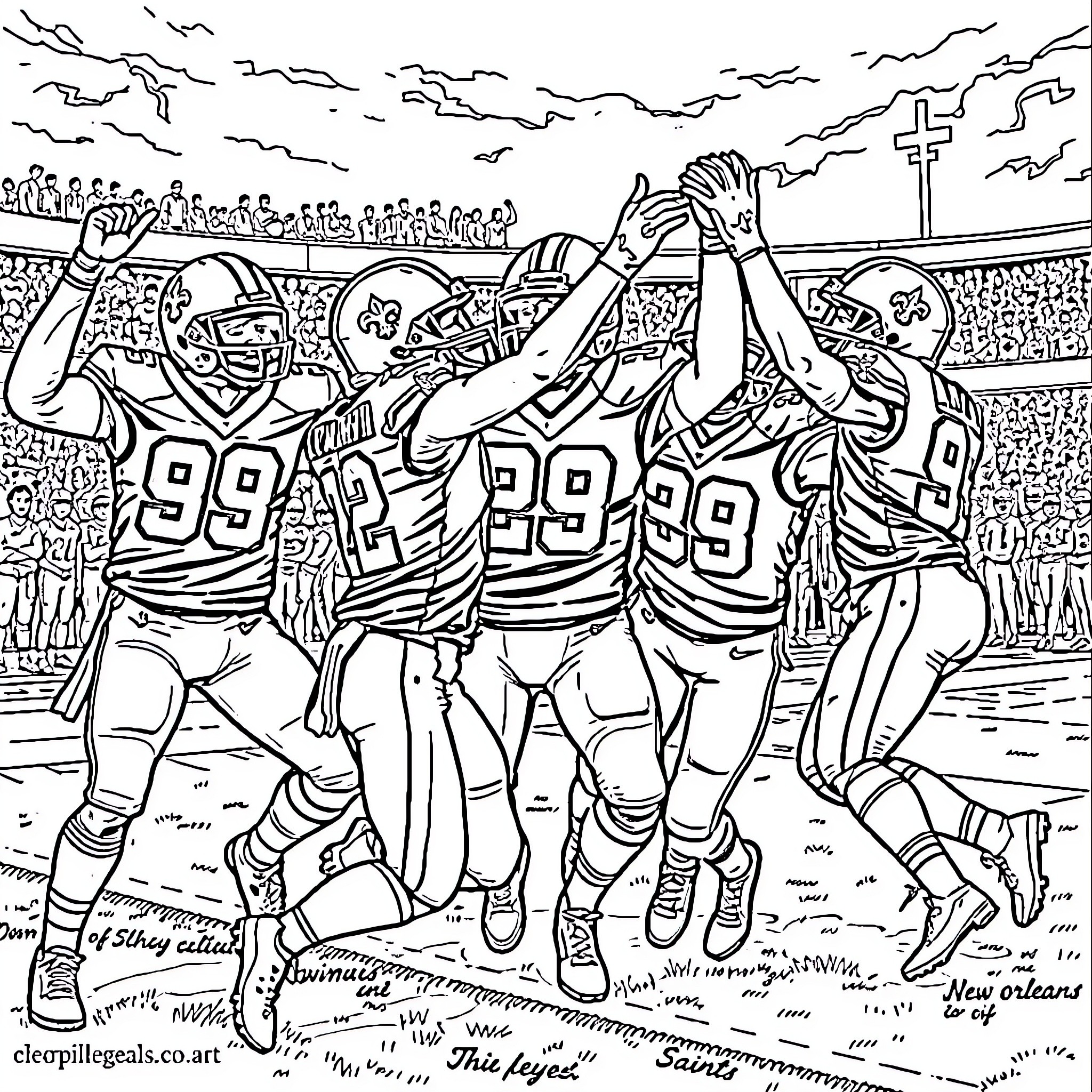 New Orleans Saints Football Team Celebrating Victory Coloring Page (free black-and-white line drawing printable PDF for all, from beginners to advanced learners, including children, teens, adults, and seniors)